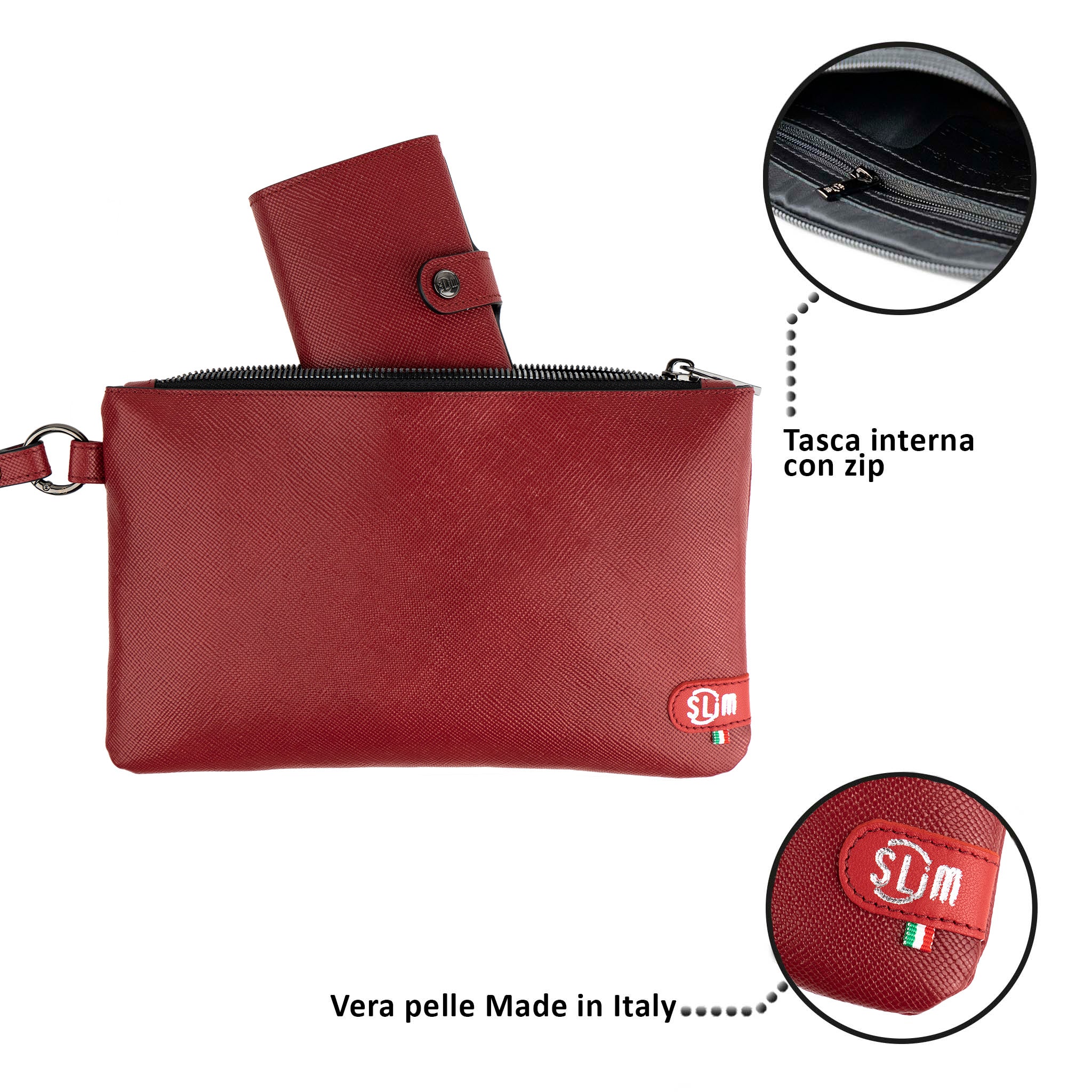 SLim Pochette Polsiera Saffiano Rosso Rubino vera pelle 23x14 cm