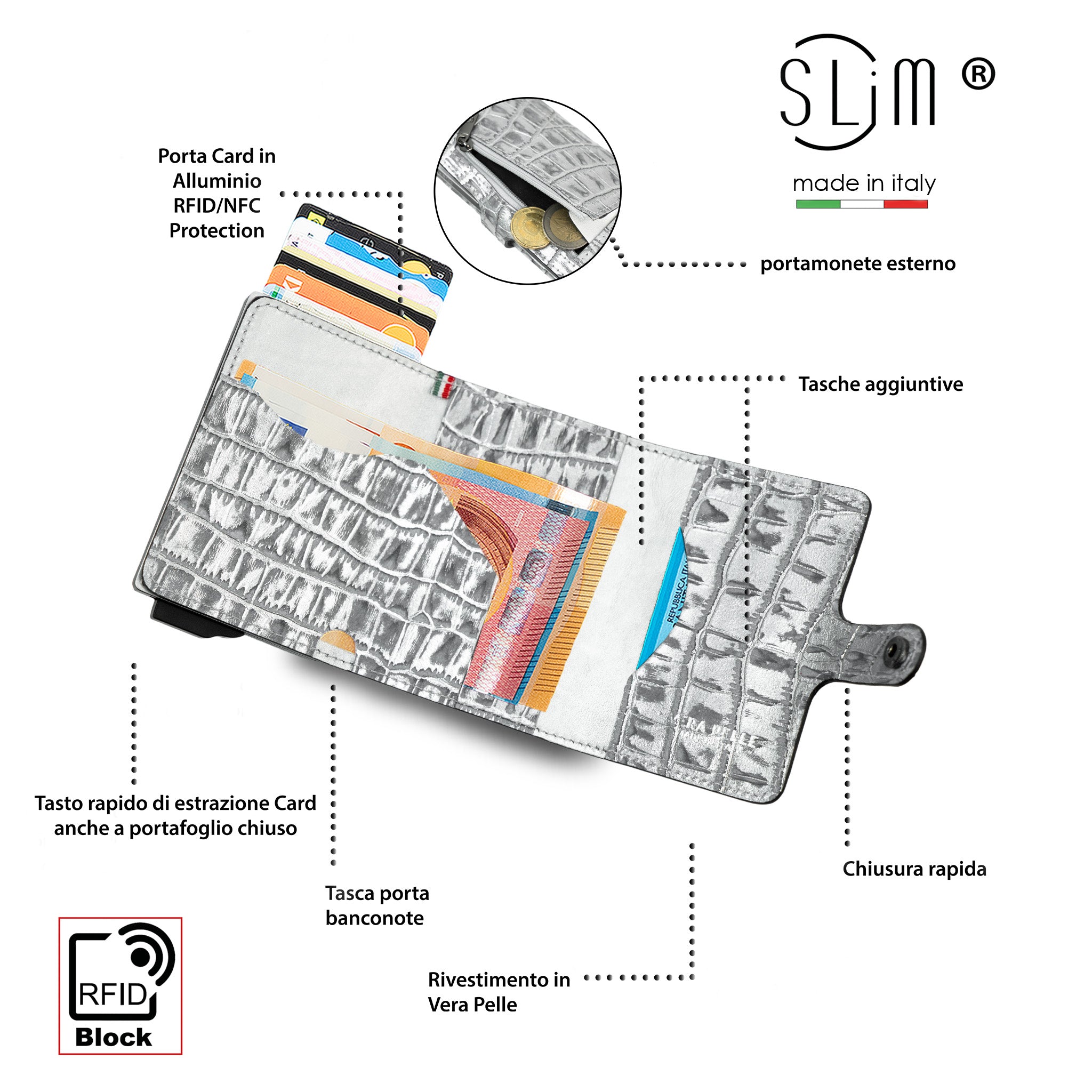 SLim Portacarte Cocco Metal Argento RFID 10,5 cm