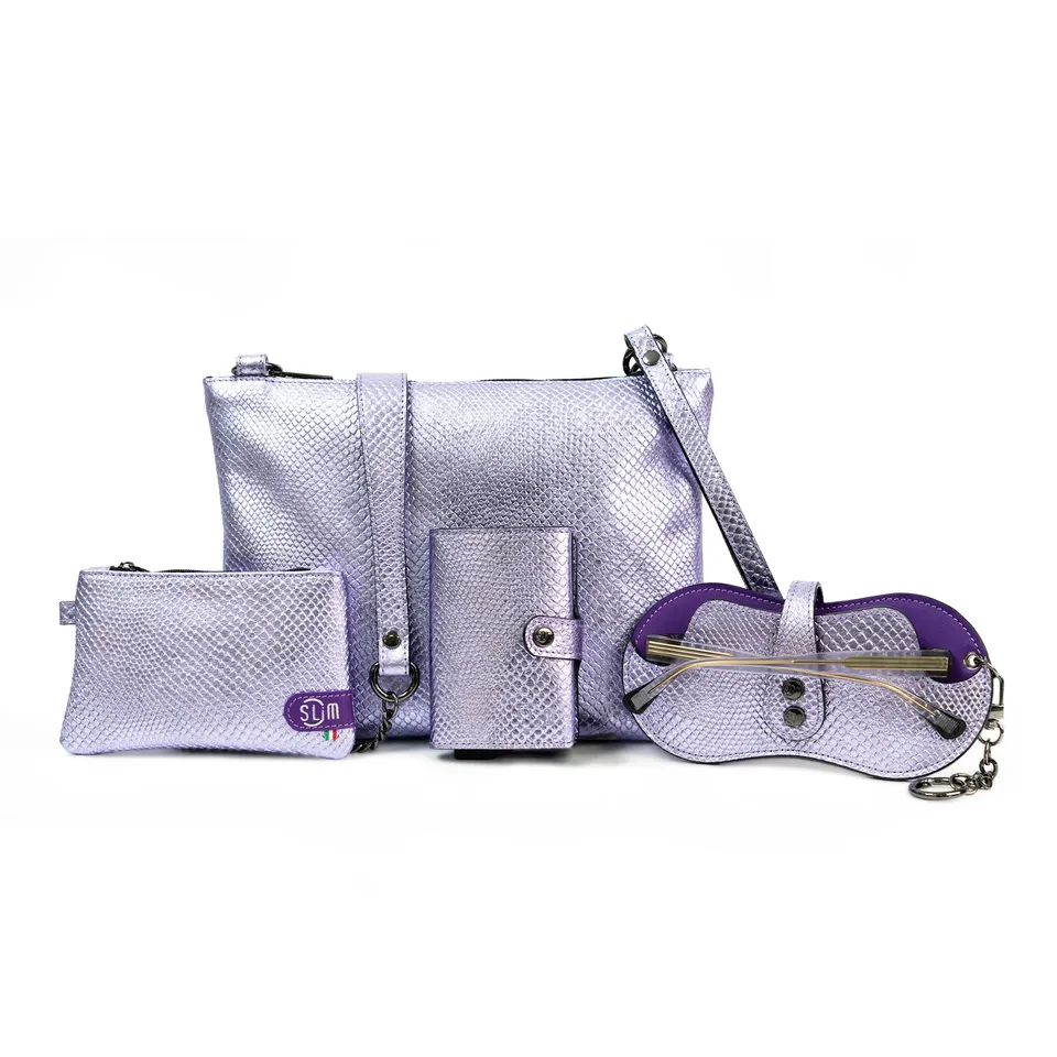 SLim Vera Pelle Set Tejus Laminato Viola portafoglio