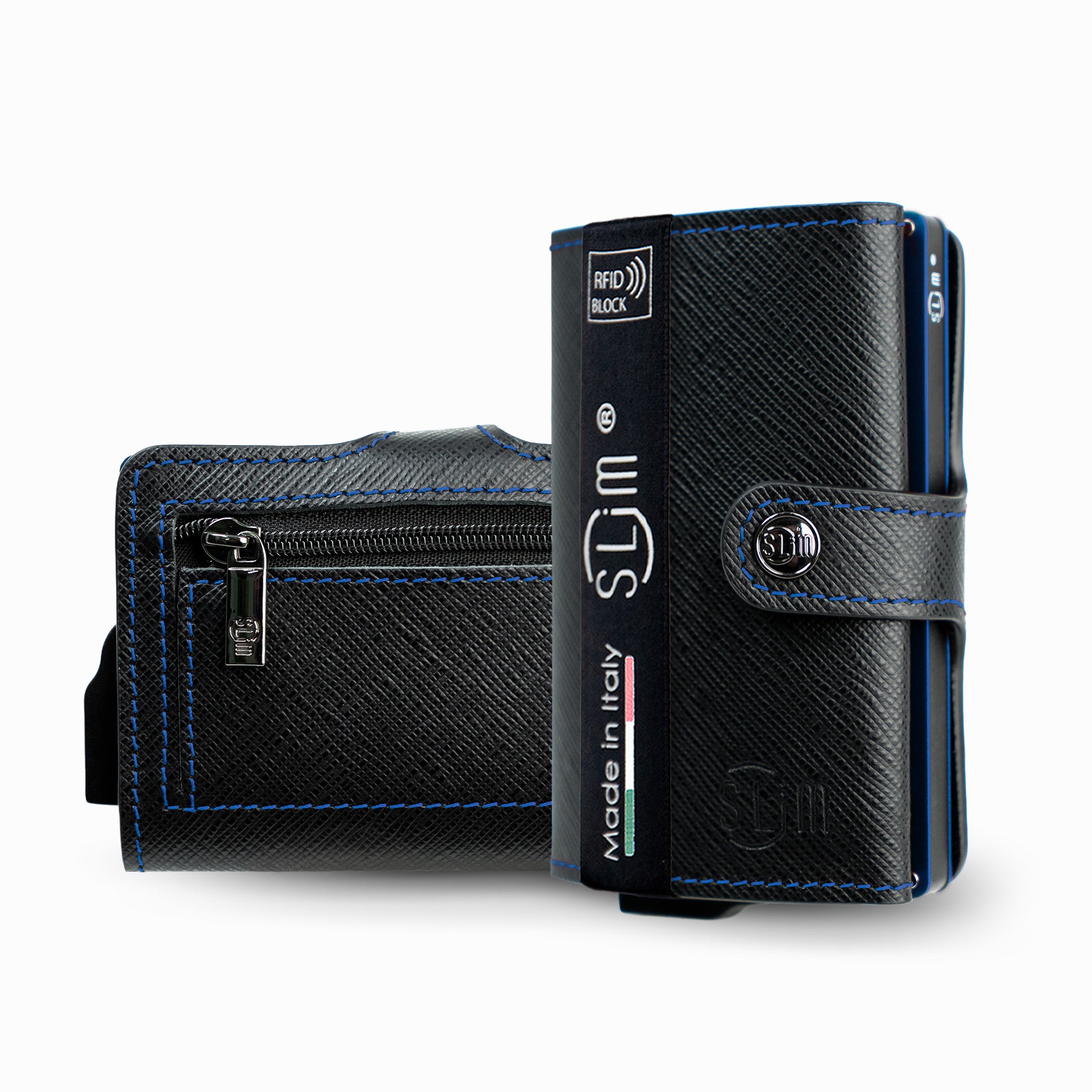 SLim Saffiano Nero portafoglio cassa blu vera pelle