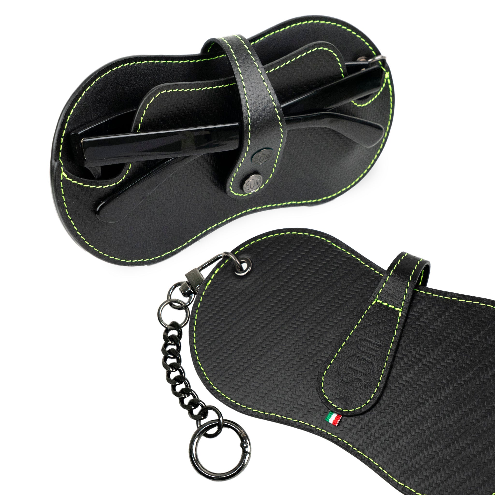 SLim Vision Portaocchiali Pelle Nero Carbon Cuciture Lime