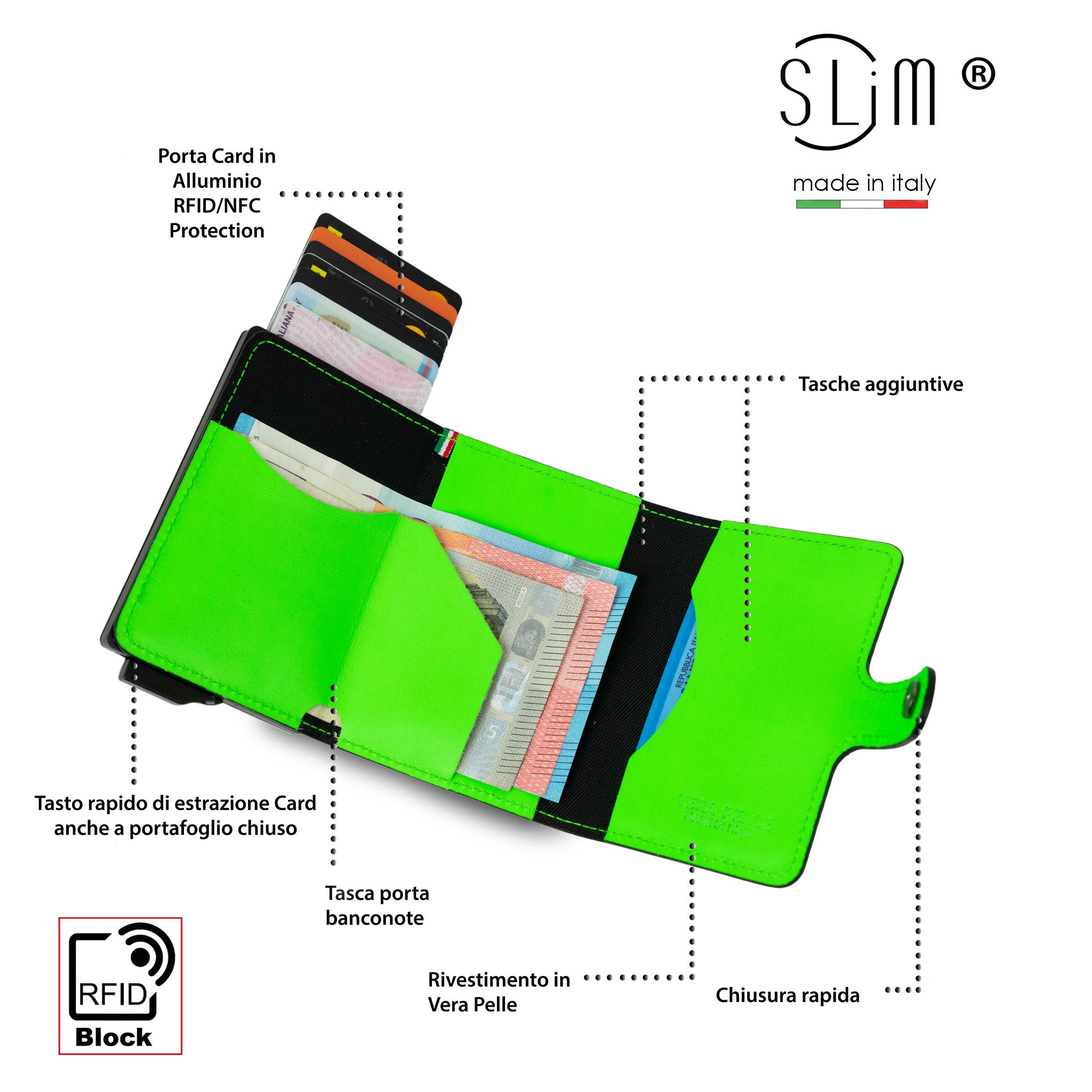 SLim Vera Pelle Carbon portafoglio nero verde fluo AirTag