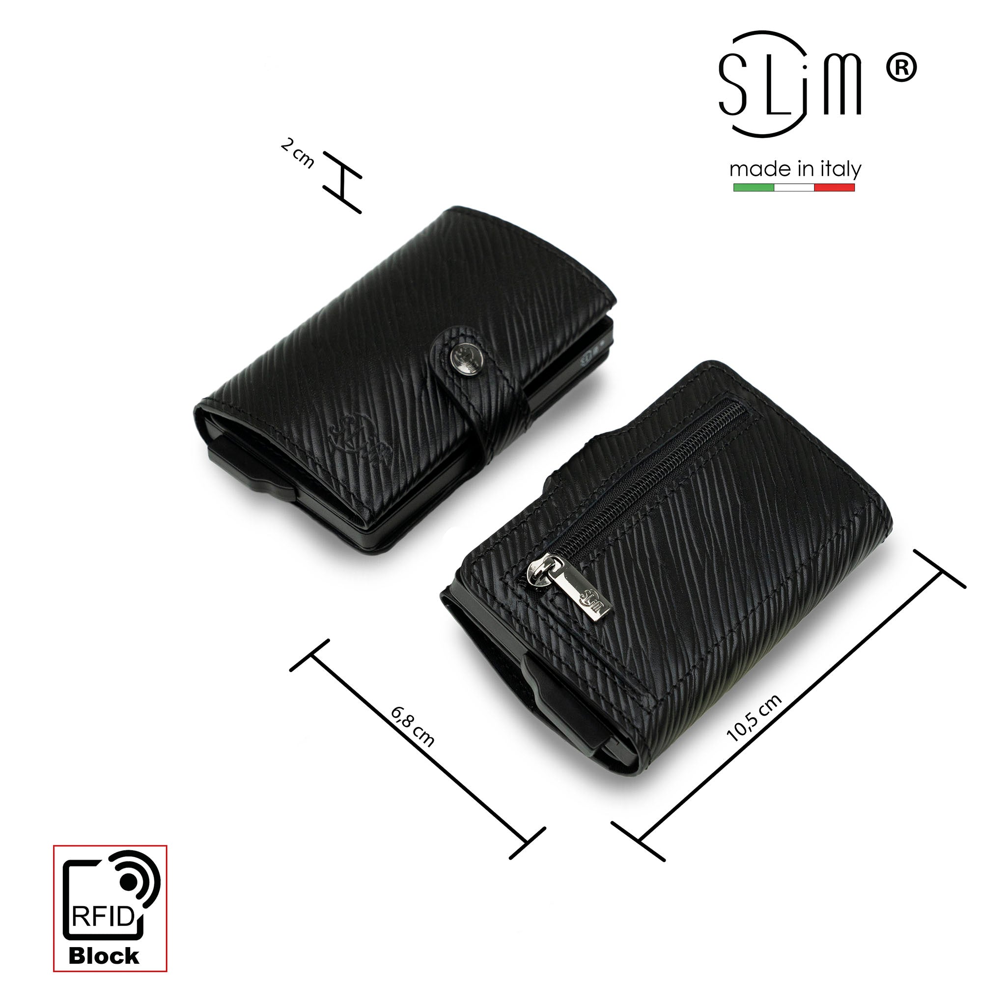 SLim Vera Pelle Epi portafoglio compatto Nero con zip RFID