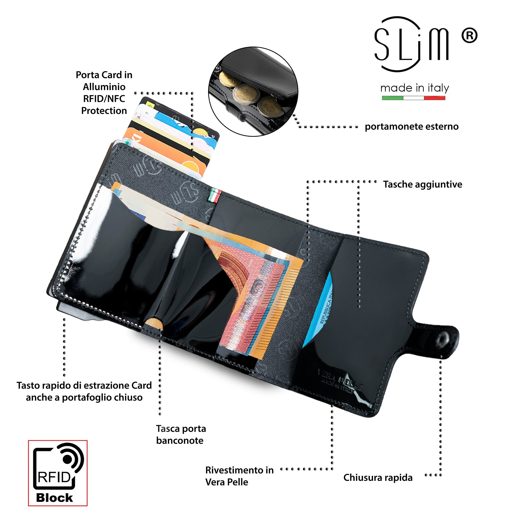 SLim Vera Pelle portacarte Specchio Nero con zip RFID