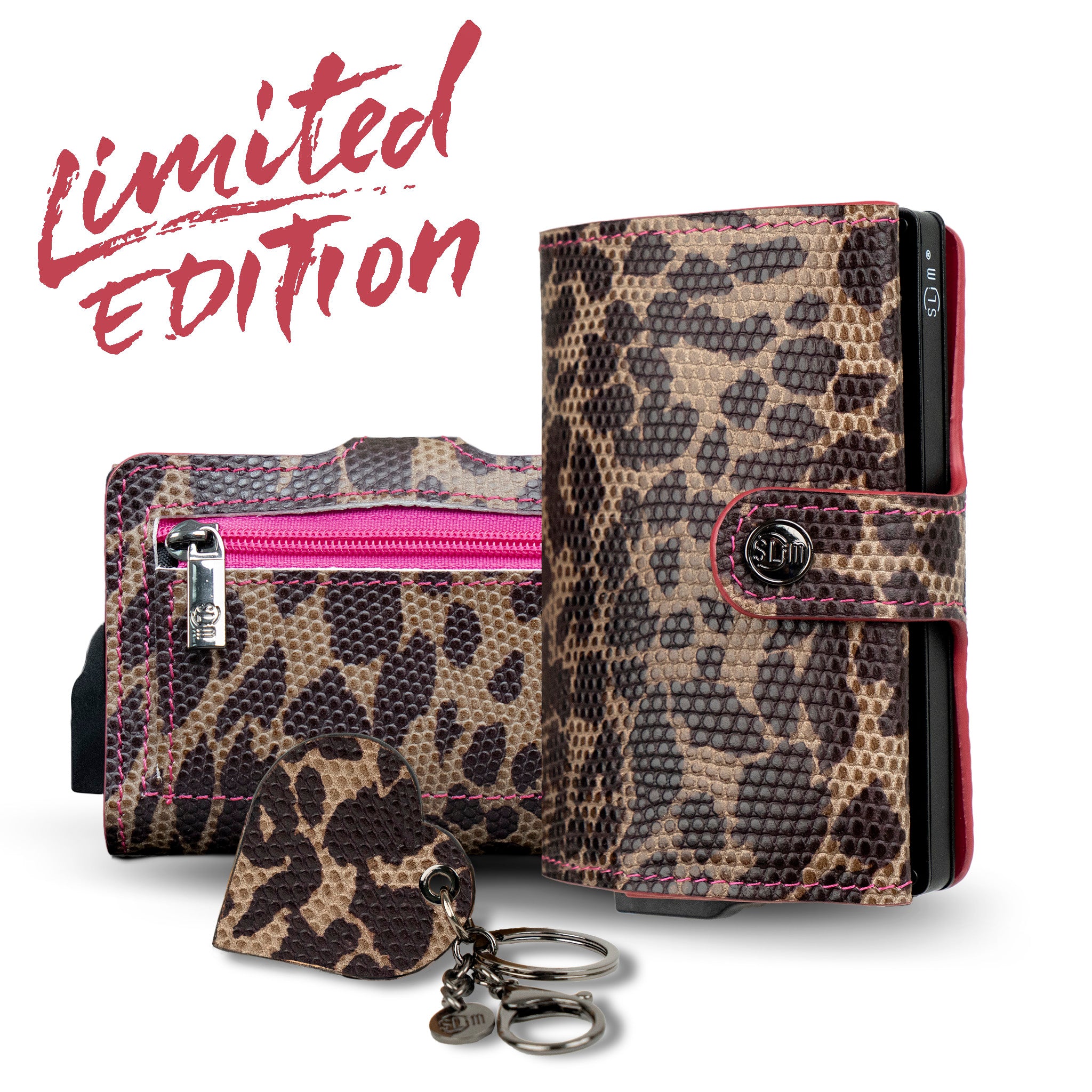 SLim Vera Pelle mini portafoglio animalier leopard fucsia RFID