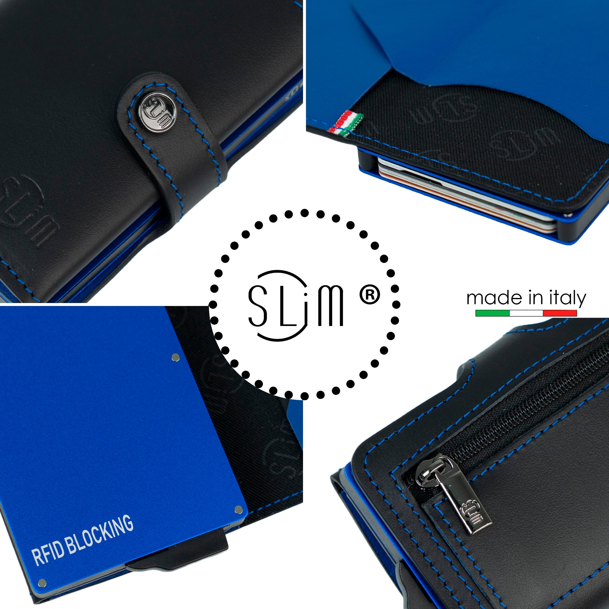 SLim Portacarte pelle nero blu con zip monete RFID