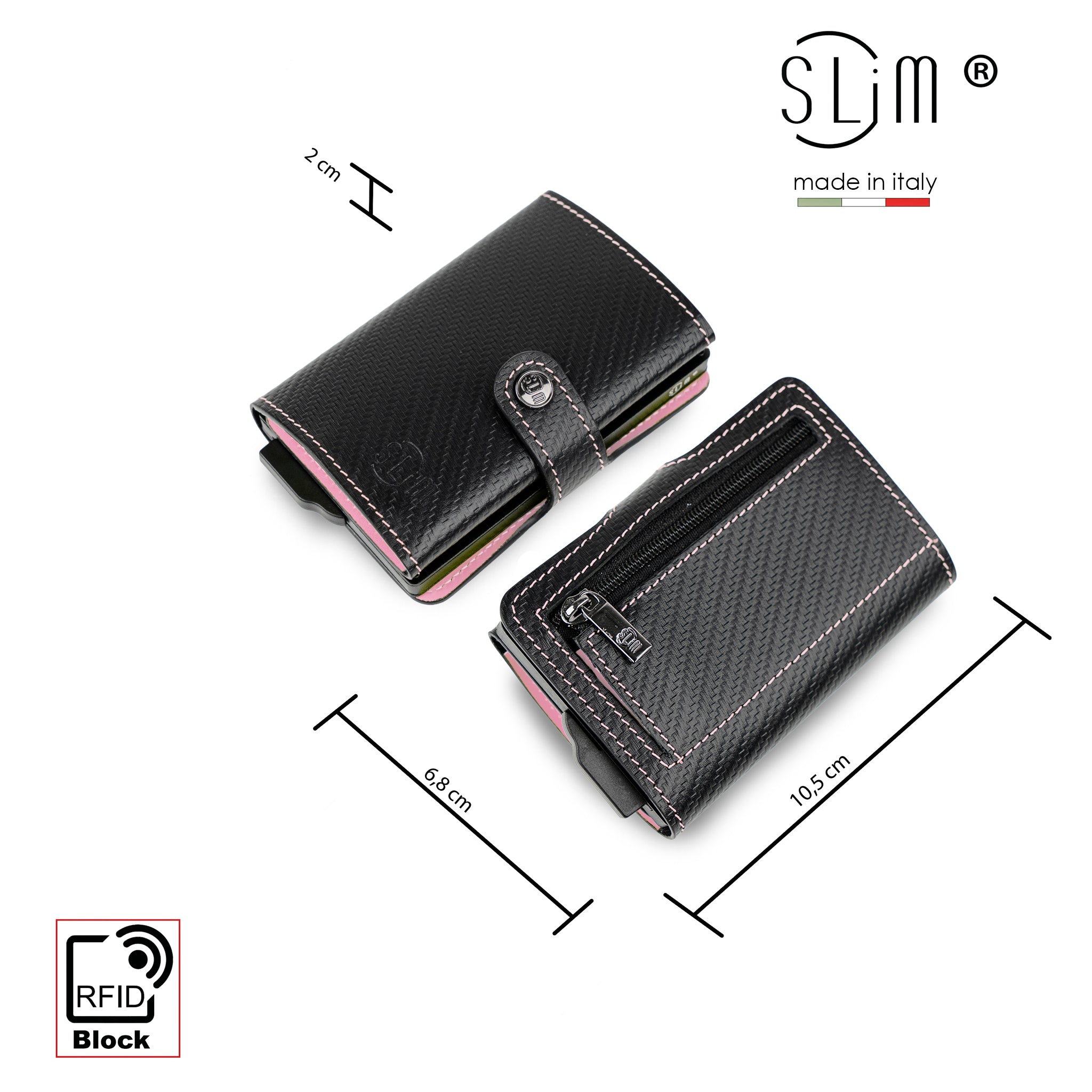 SLim Vera Pelle Carbon Portacarte Nero Rosa Zip RFID