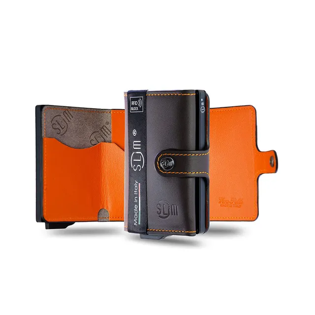 SLim Portacarte pelle testa moro arancio senza zip RFID