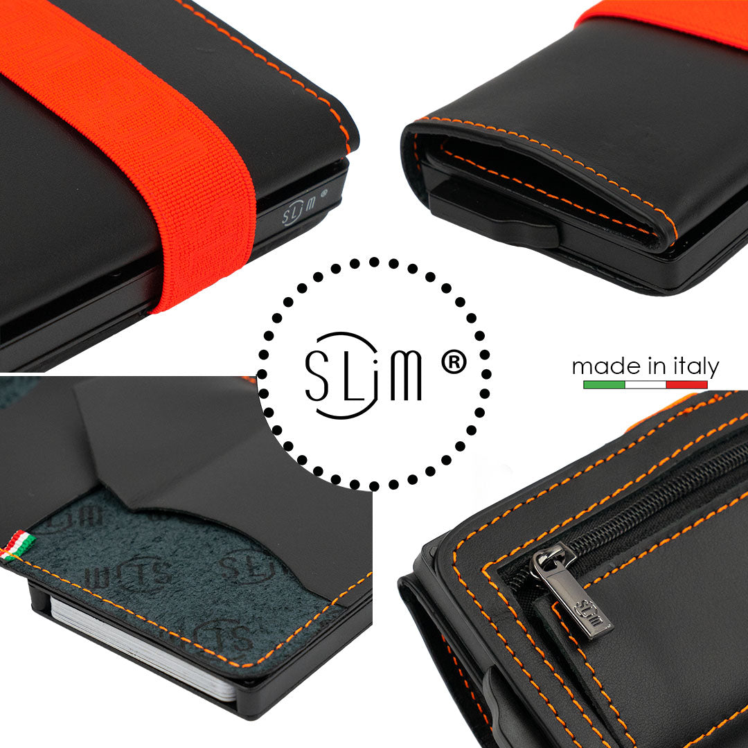 SLim Vera Pelle Nero Elastico Zip Portafoglio Compatto Monete