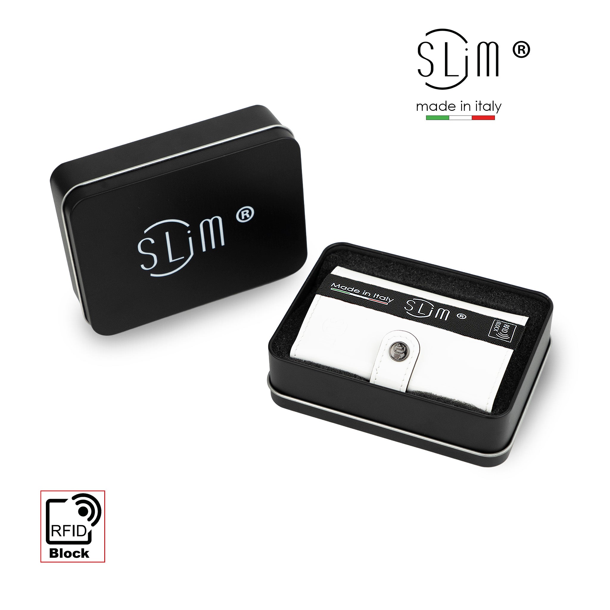 SLim Vera Pelle Porta Carte Bianco Specchio Zip RFID