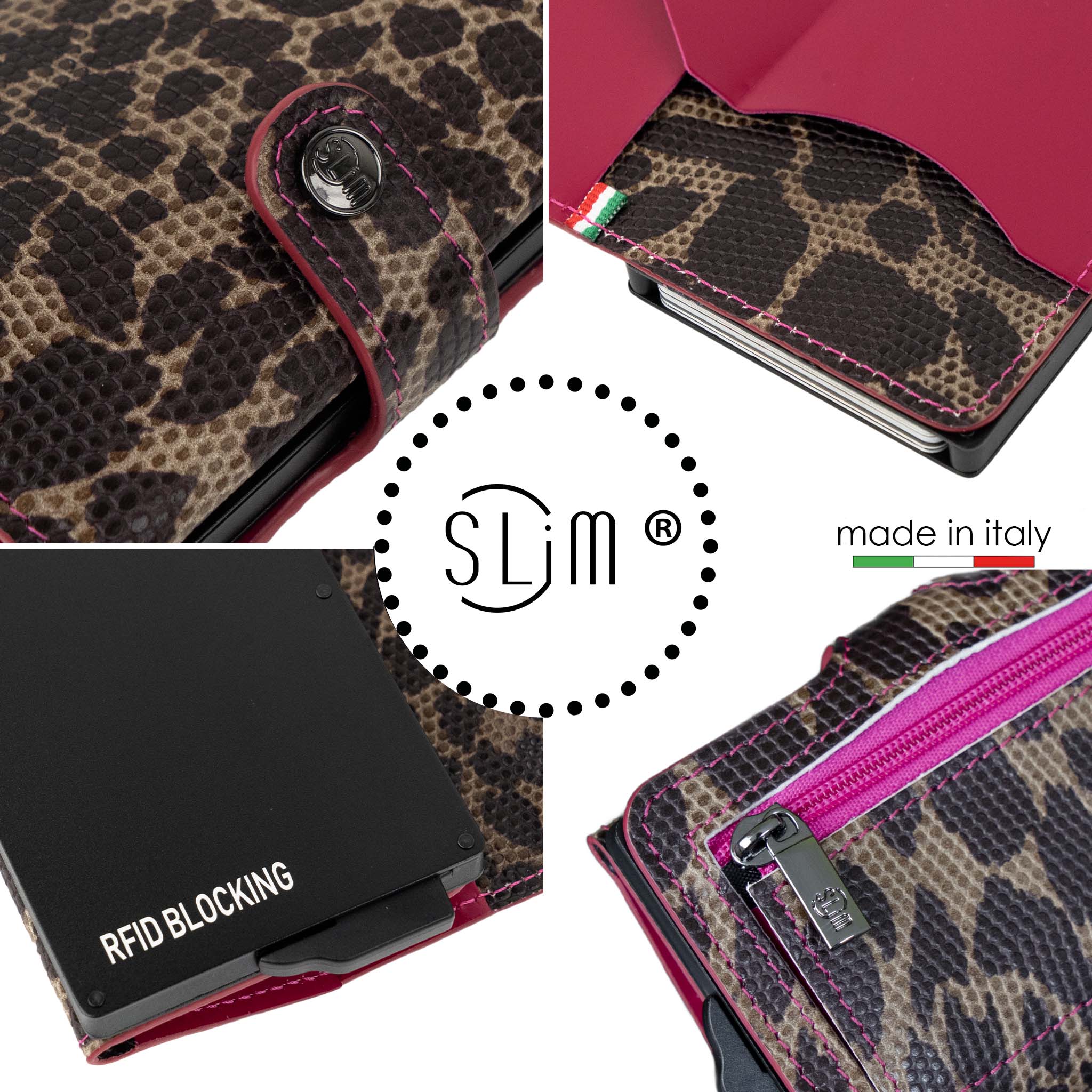 SLim Vera Pelle mini portafoglio animalier leopard fucsia RFID