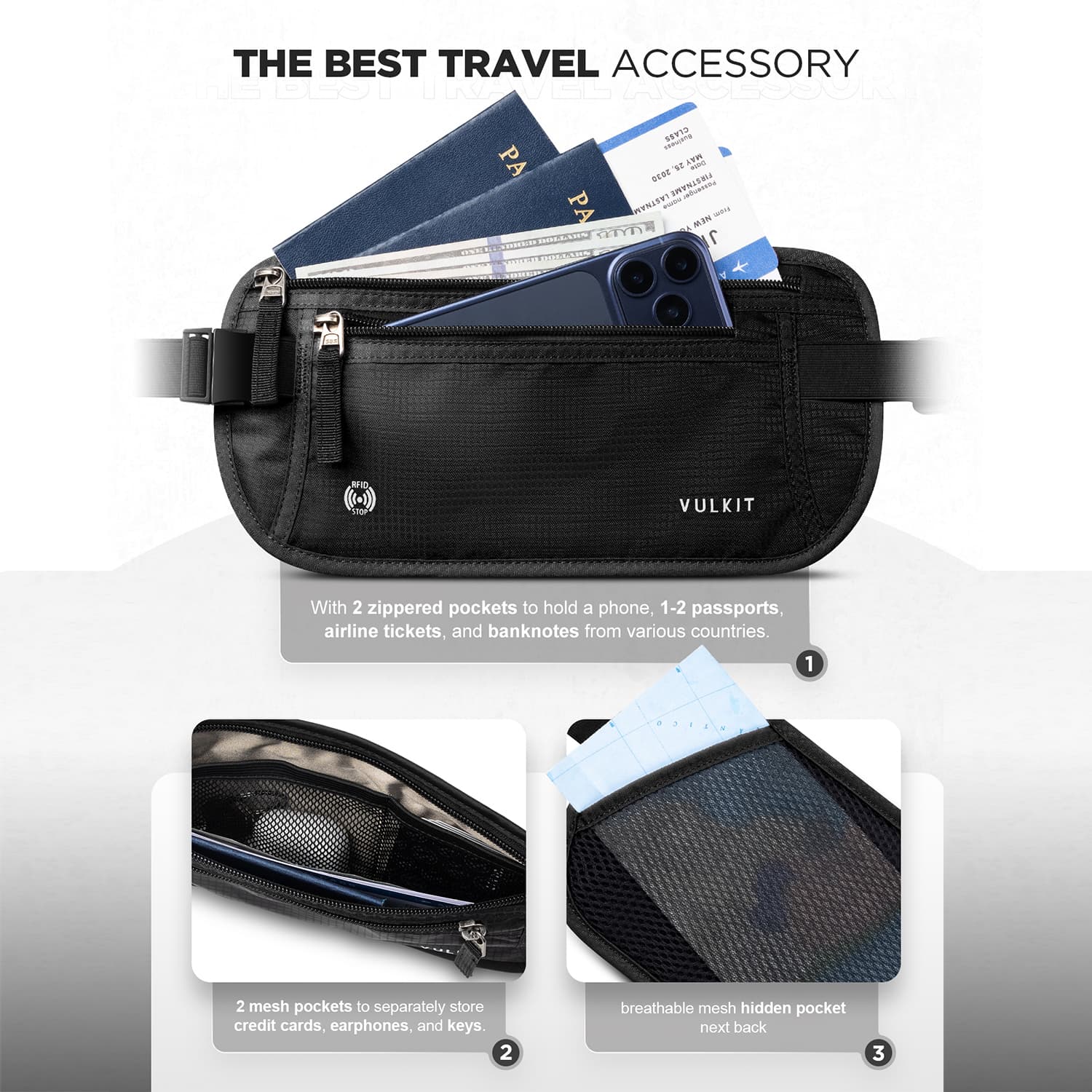 VULKIT VRB102 marsupio soldi viaggio grigio RFID nylon