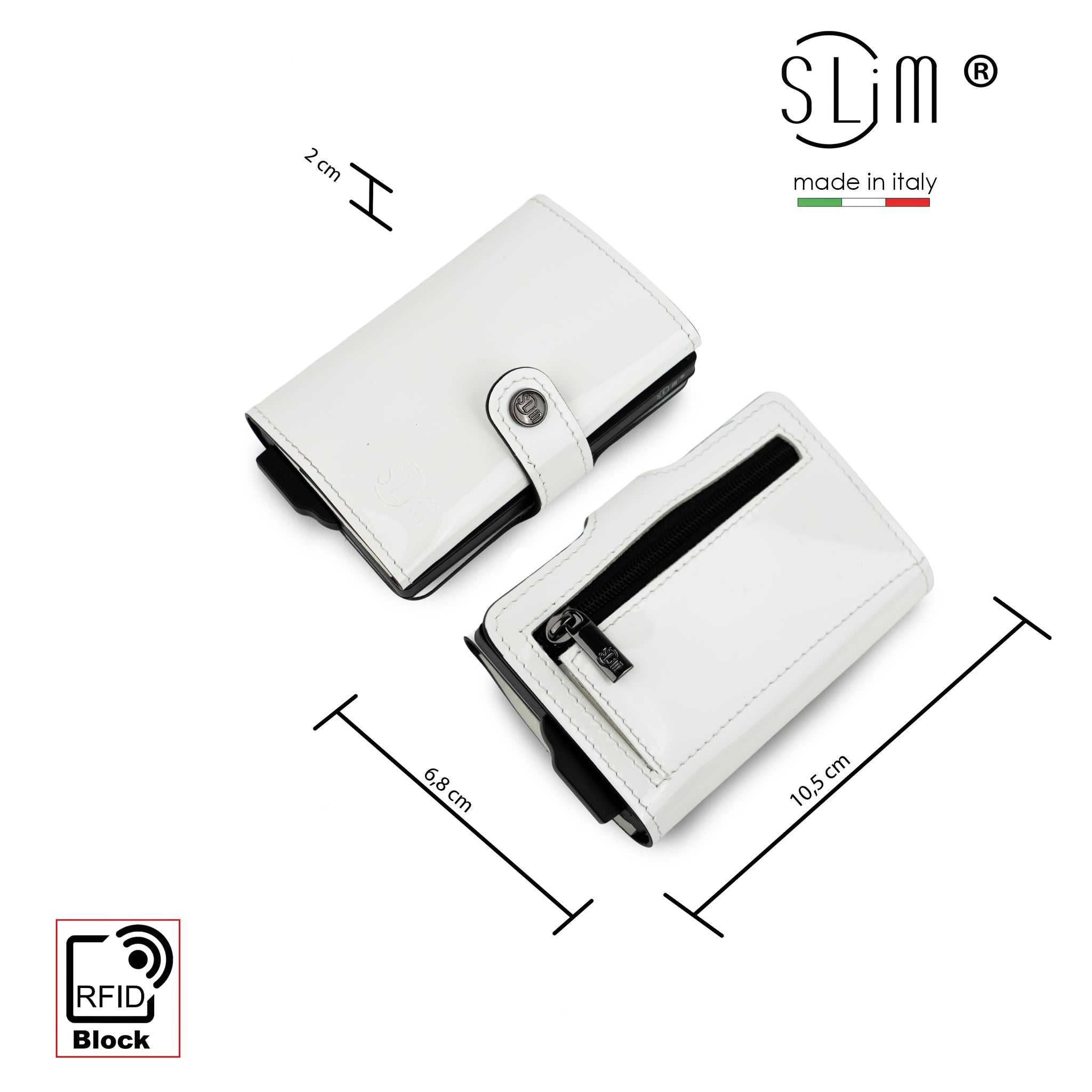 SLim Vera Pelle Porta Carte Bianco Specchio Zip RFID