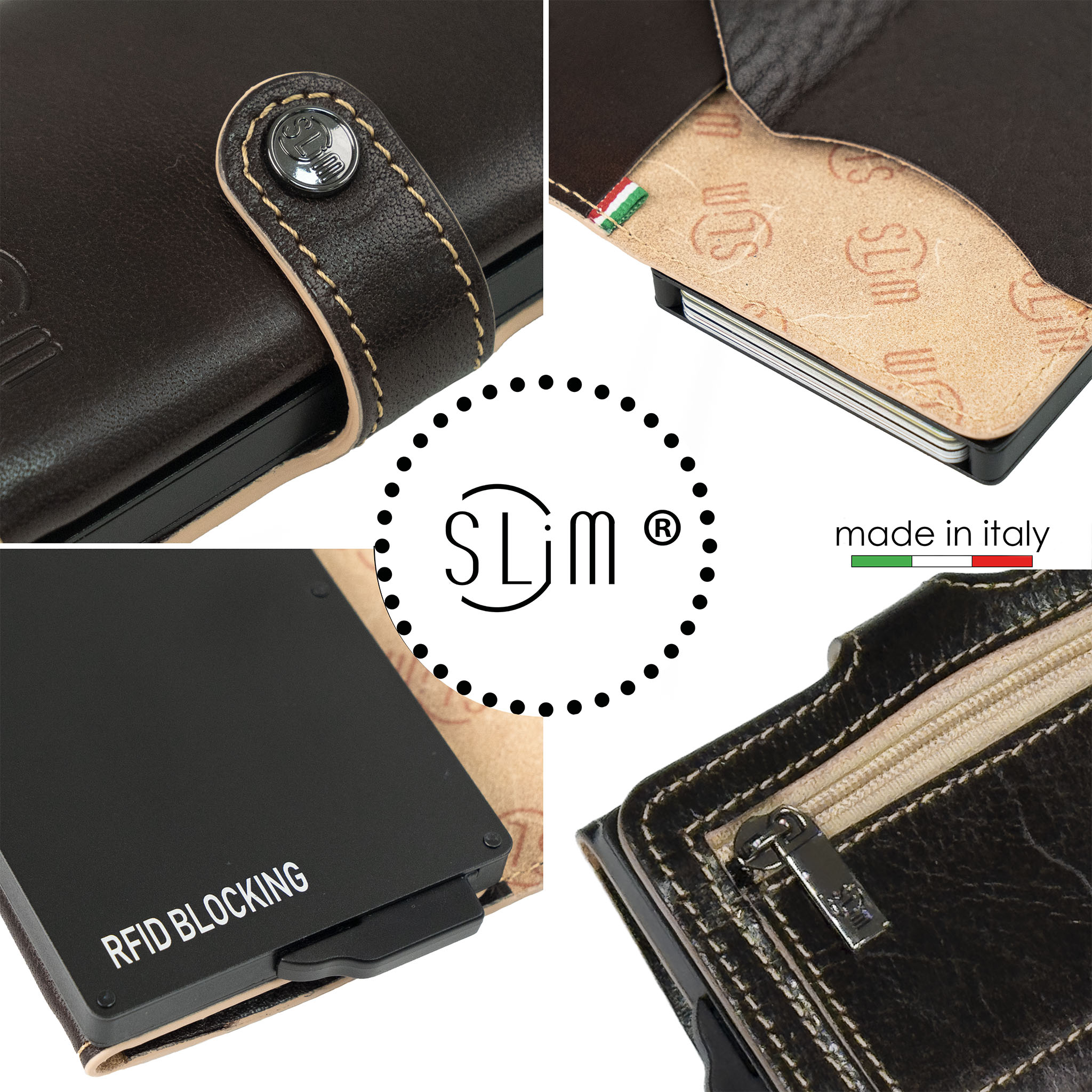 SLim Vera Pelle Portafoglio Testa di moro zip 12 carte RFID