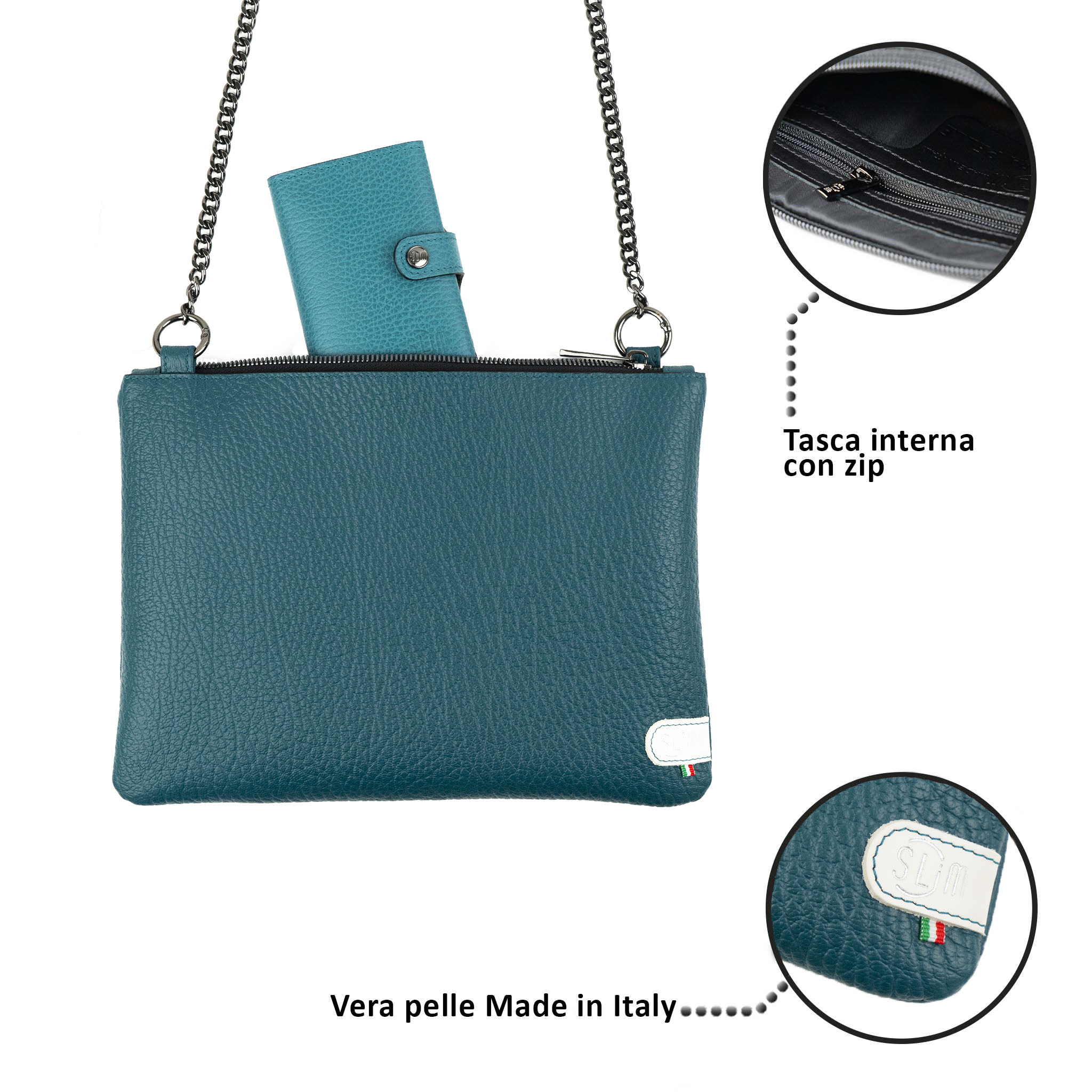 SLim Pochette Tracolla Pelle Bottalato Petrolio