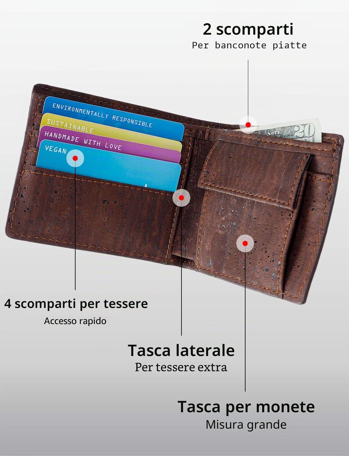 Corkor portafoglio uomo sughero RFID marrone con monete