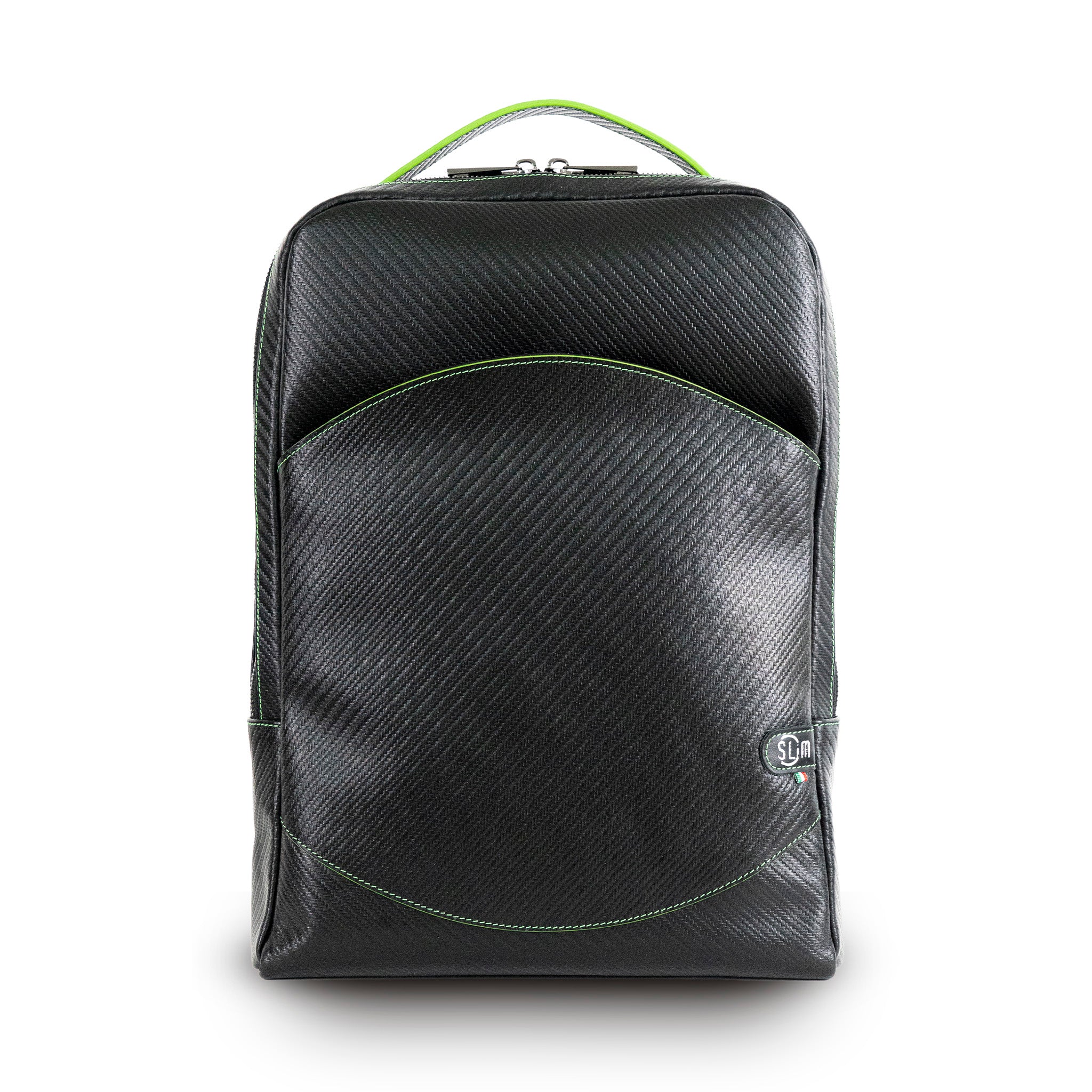 SLim Zaino Medio pelle Carbon Nero cuciture Verde Fluo 8,5 L