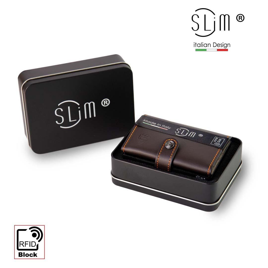 SLim Portacarte pelle testa moro arancio senza zip RFID