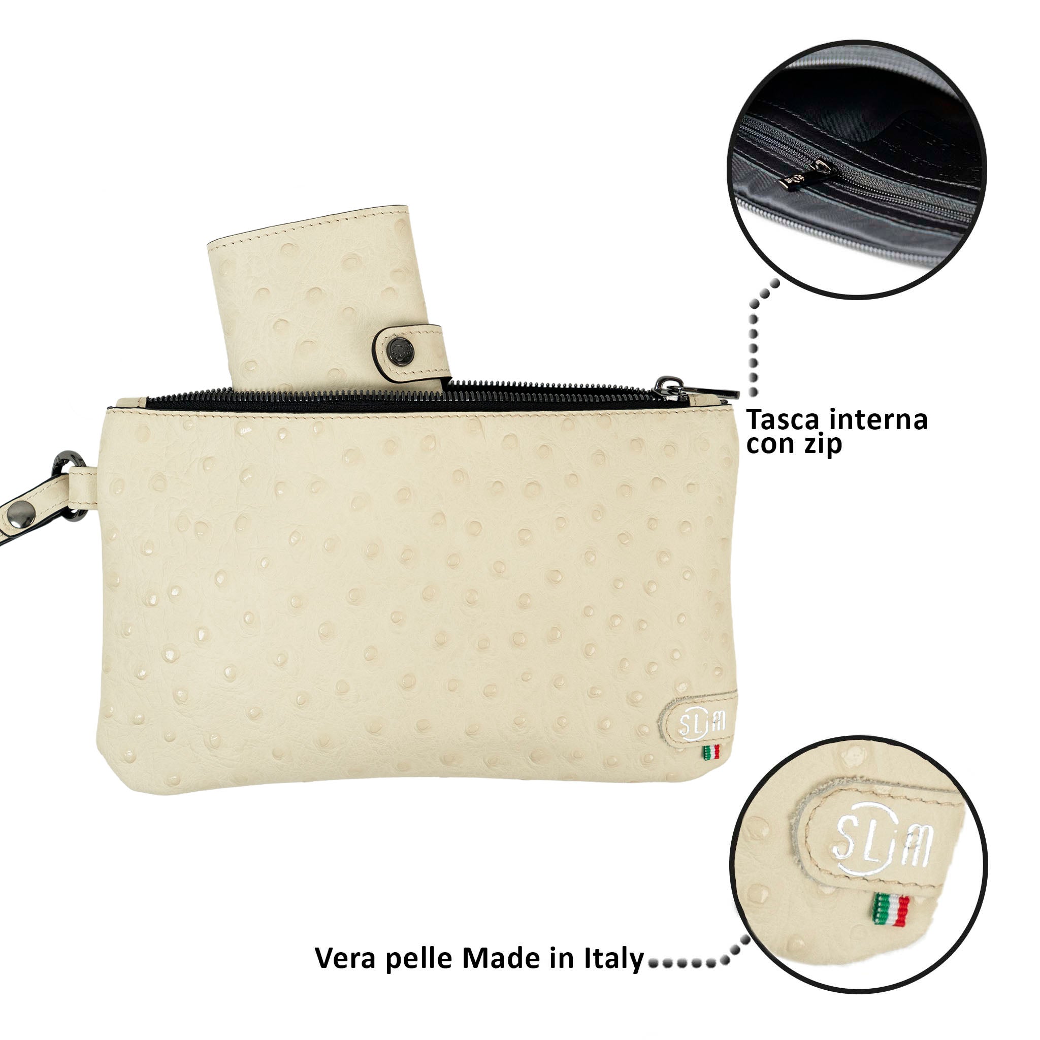 SLim Pochette Polsiera Pelle Struzzo Beige 23x14 cm