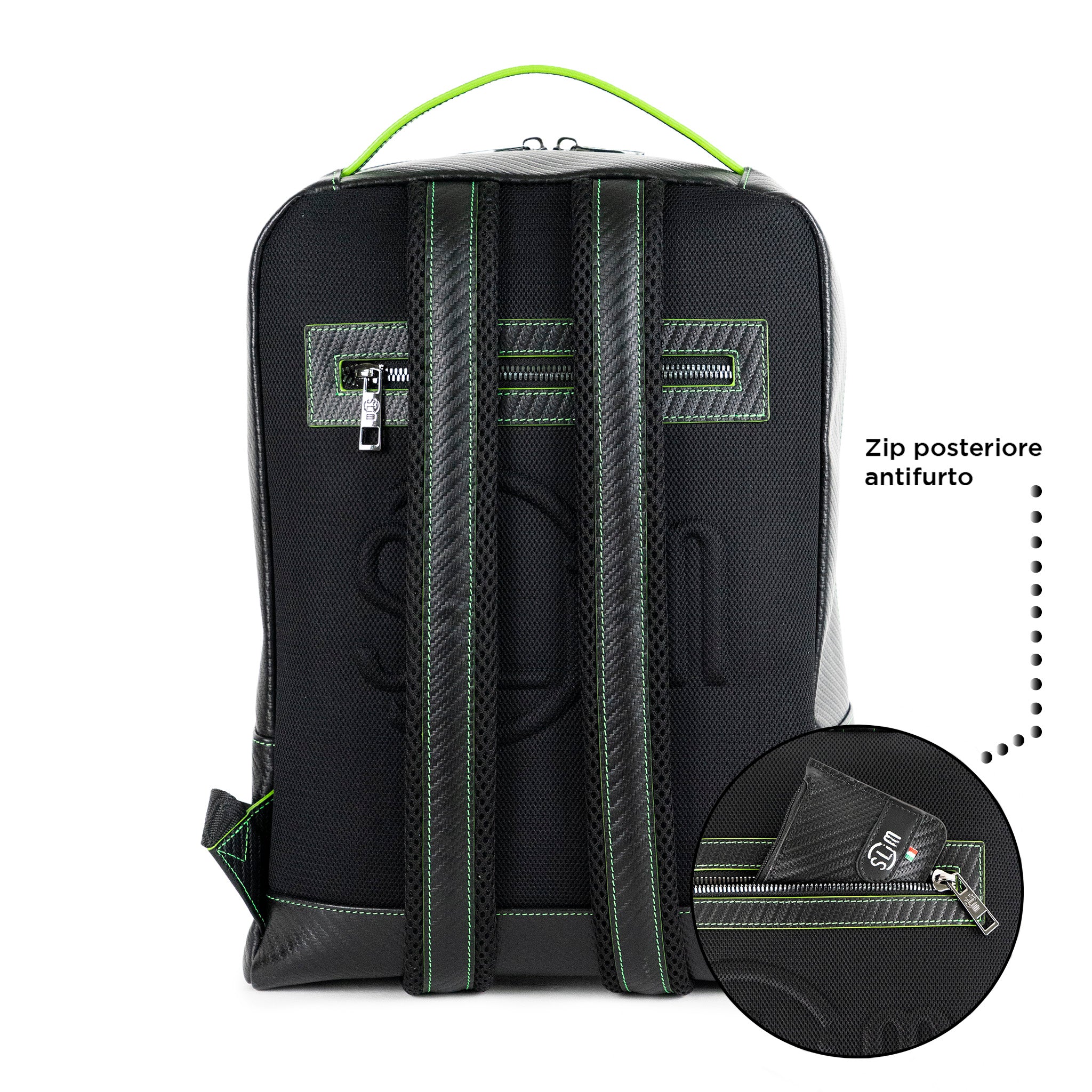 SLim Zaino Medio pelle Carbon Nero cuciture Verde Fluo 8,5 L