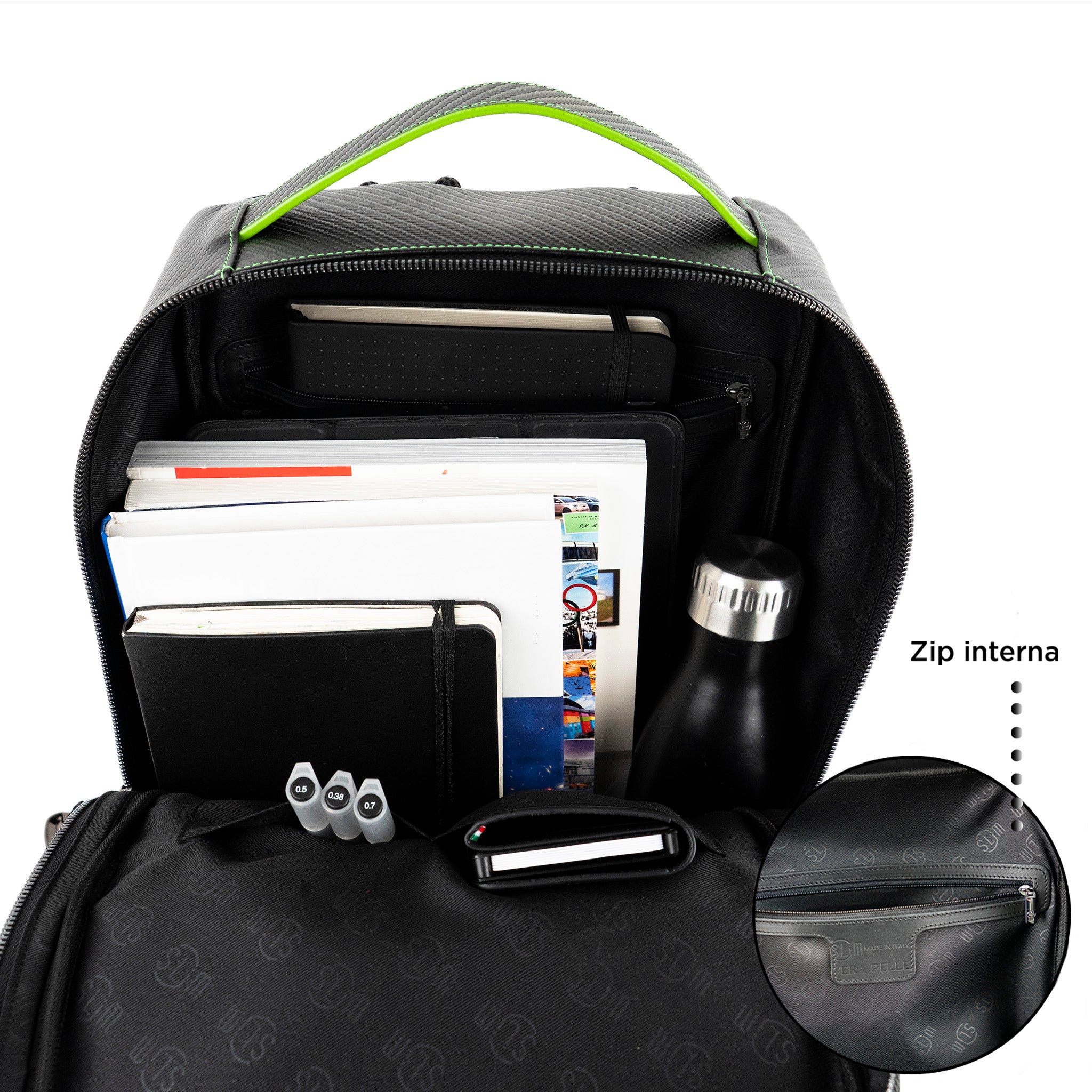 SLim Zaino Medio pelle Carbon Nero cuciture Verde Fluo 8,5 L
