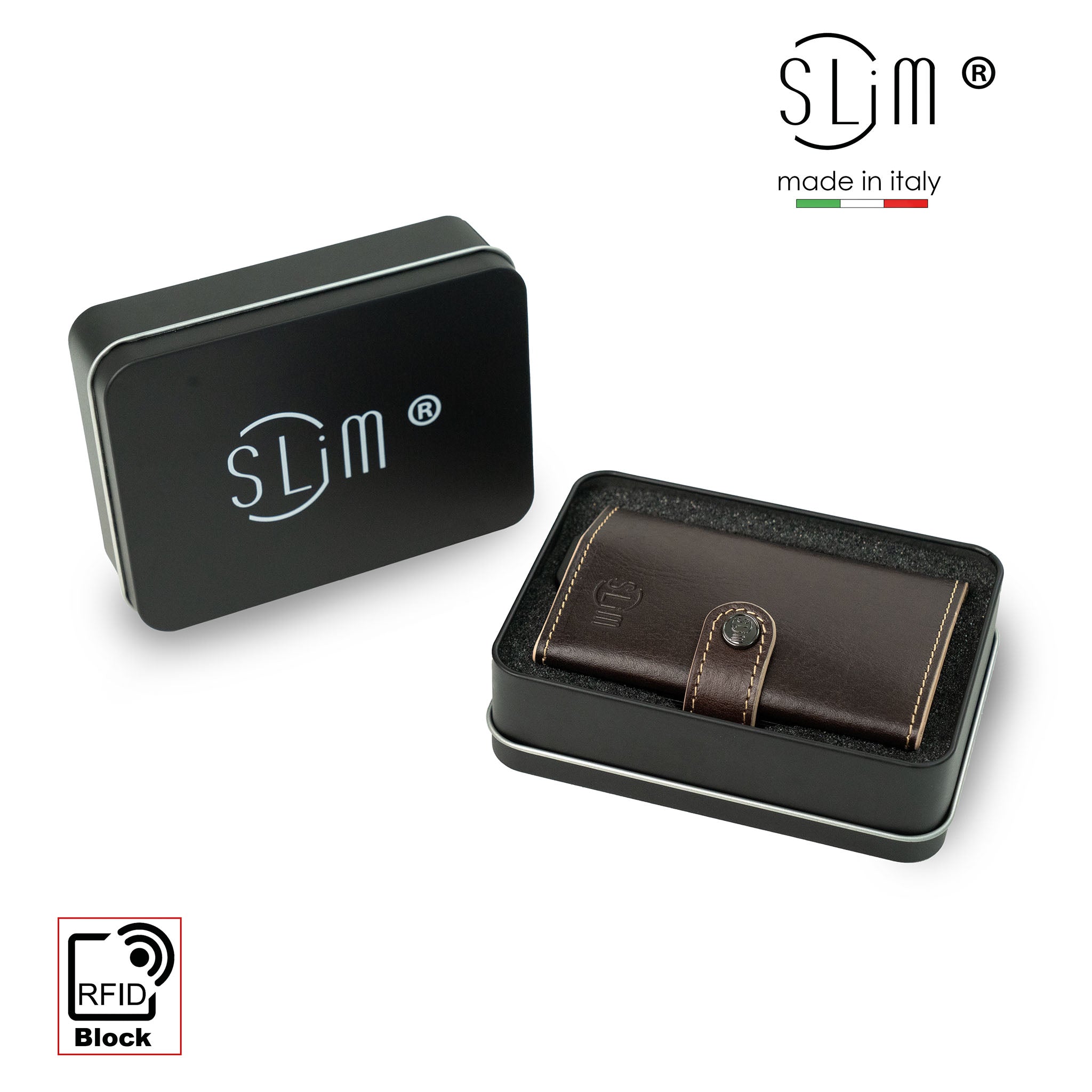 SLim Vera Pelle Portafoglio Testa di moro zip 12 carte RFID