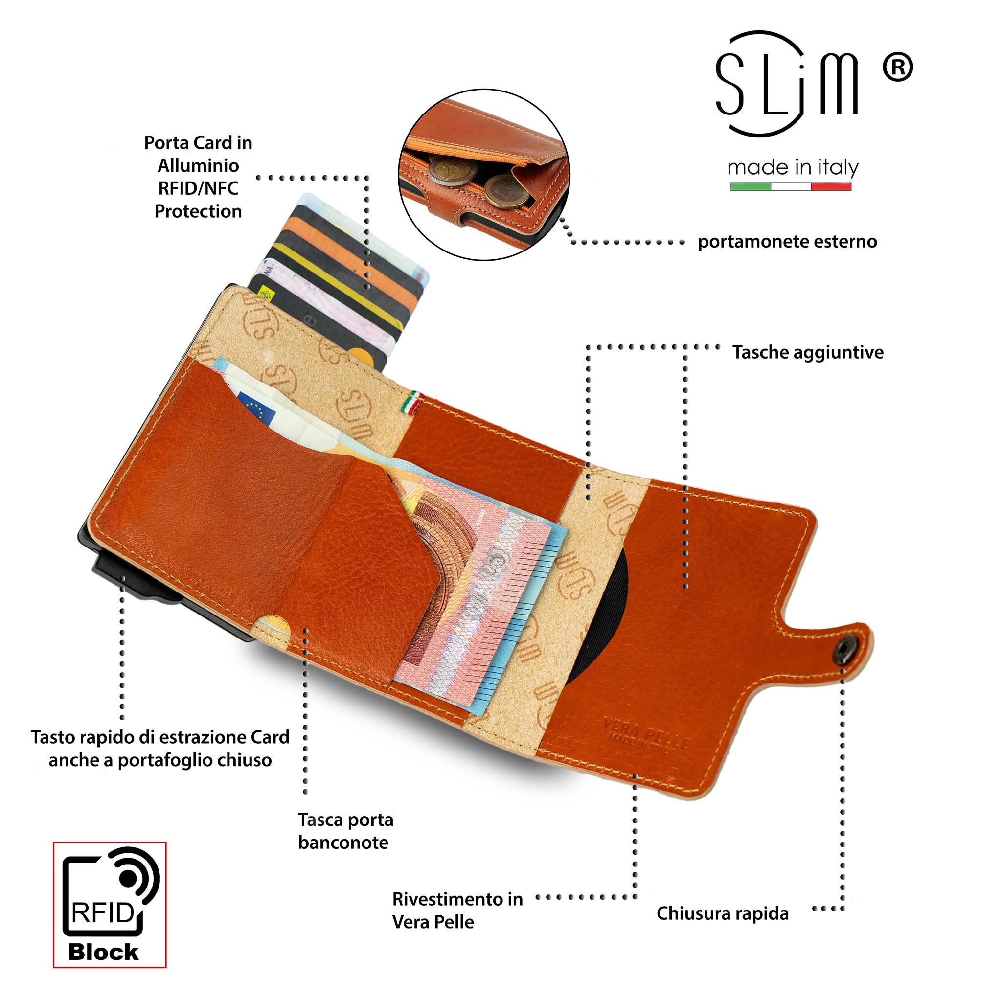 SLim Vera Pelle portacarte arancio concia vegetale zip