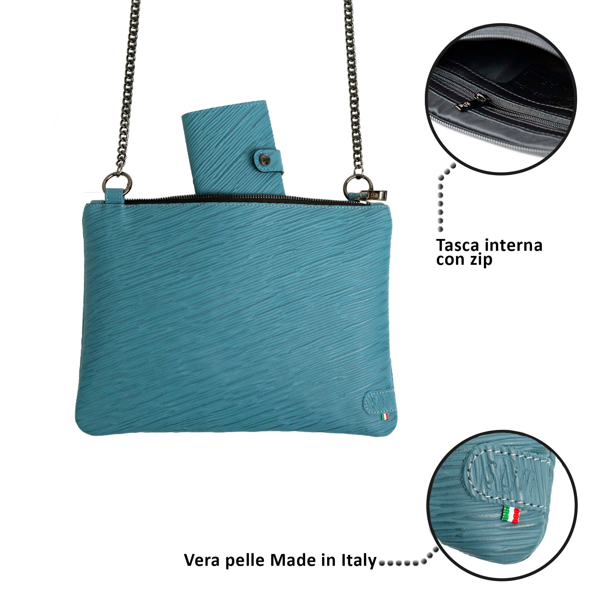 SLim Pochette Tracolla vera pelle Epi Petrolio 20x28