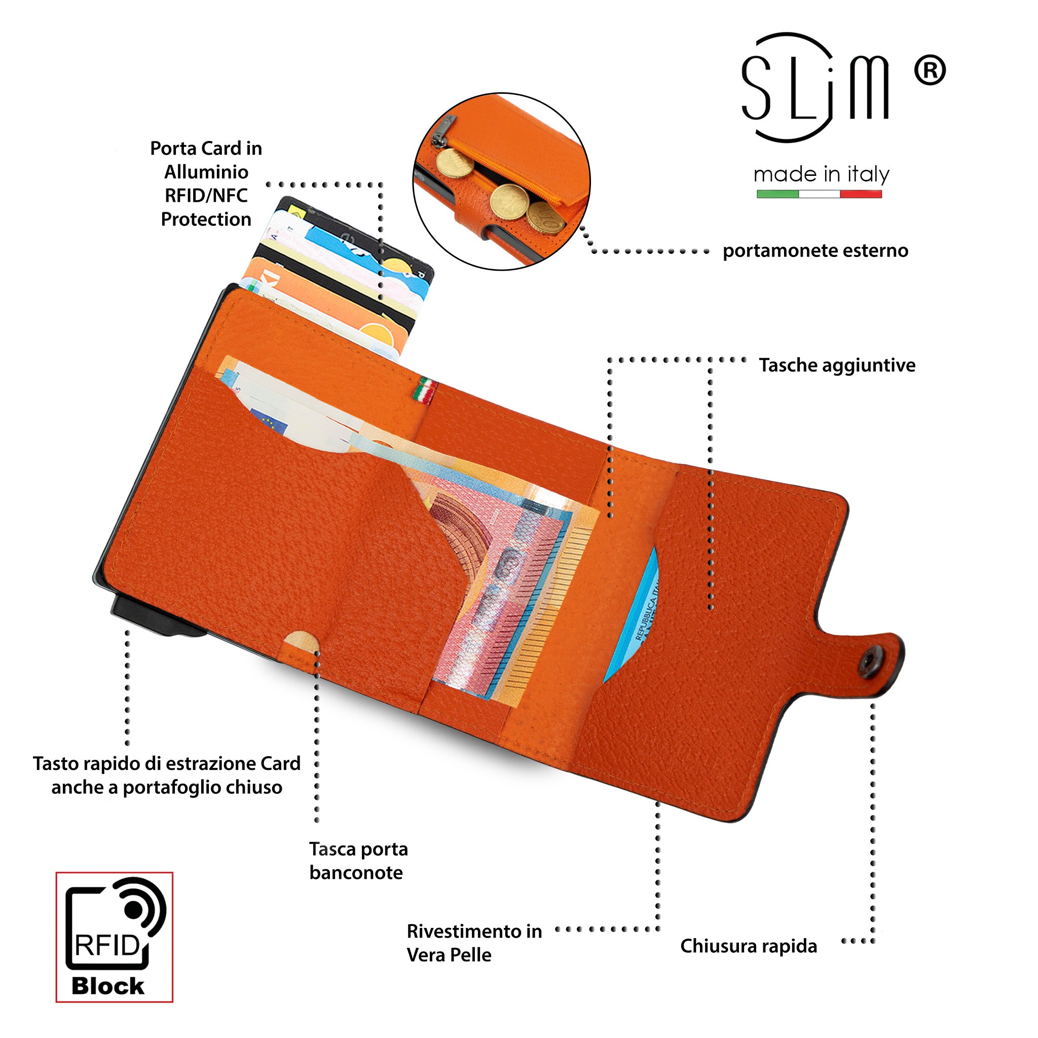 SLim Vera Pelle Cinghialino Portacarte Arancio RFID