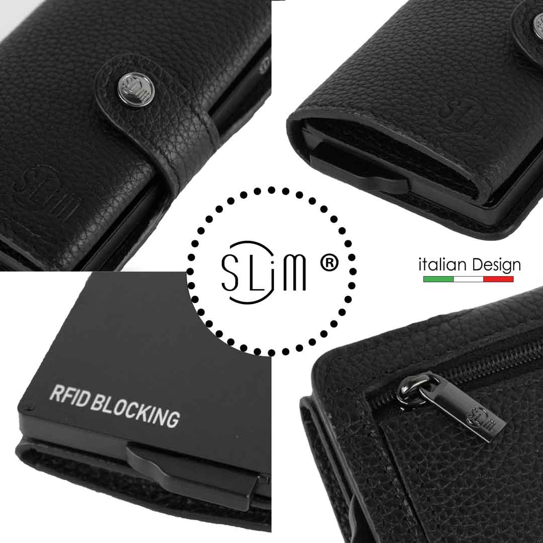 SLim Bottalato Portafoglio Nero Zip Pelle RFID