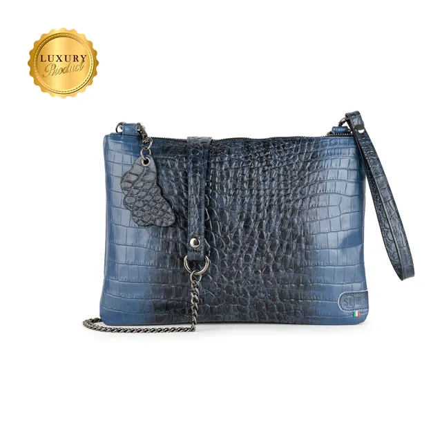 SLim Pochette Tracolla Cocco Blu vera pelle 23x14 cm