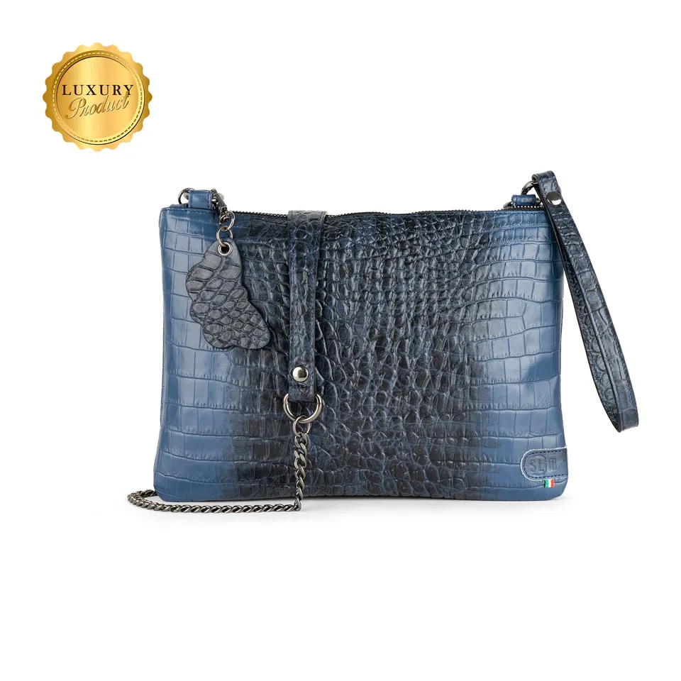 SLim Pochette Tracolla Cocco Blu vera pelle 23x14 cm