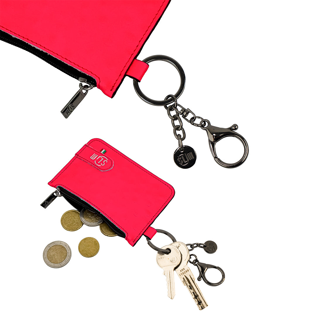 SLim Portachiavi Portamonete Pelle Struzzo Fucsia Fluo