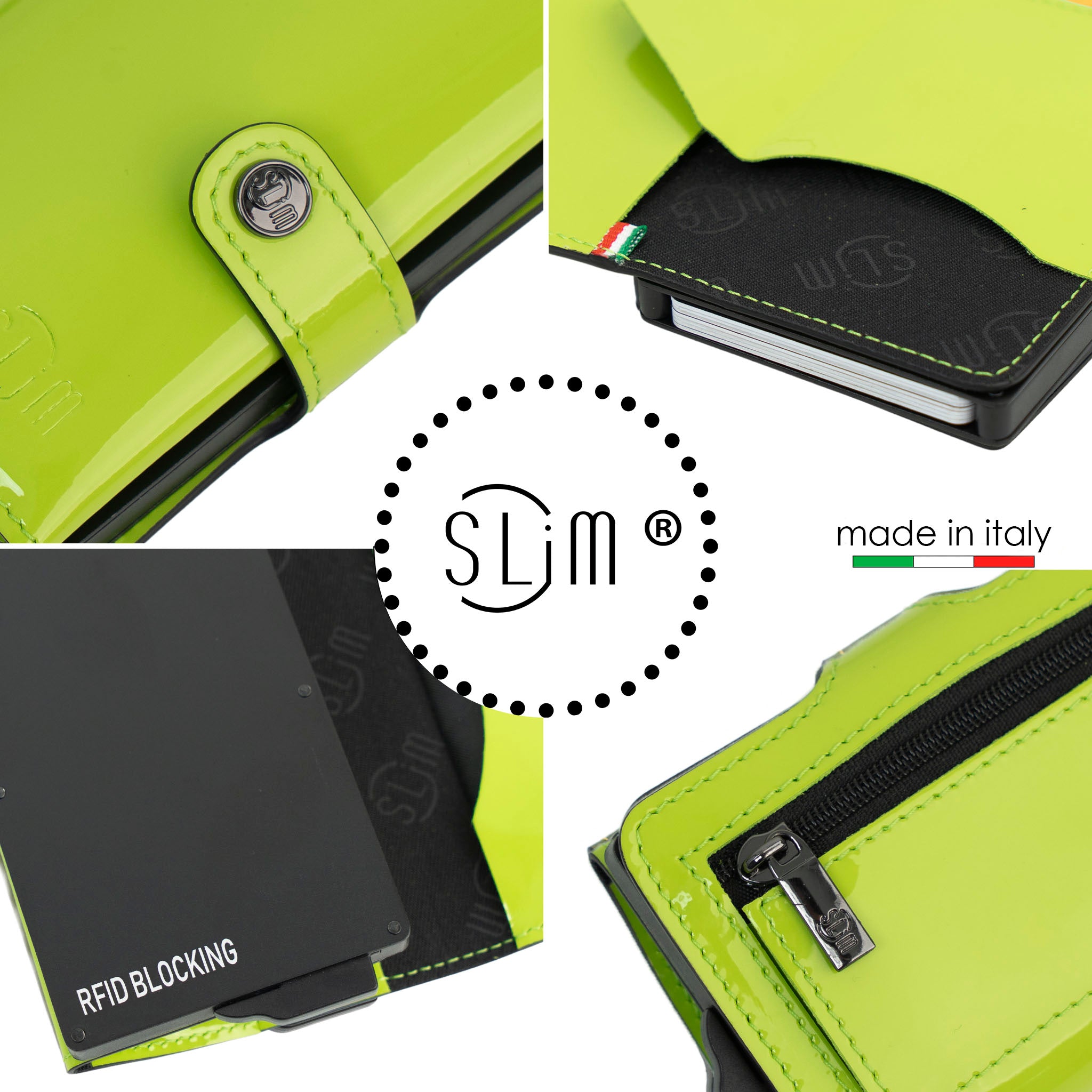 SLim Vera Pelle Porta Carte Verde Mela Zip Specchio
