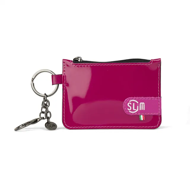 SLim Portachiavi portamonete pelle Saffiano Fucsia specchio