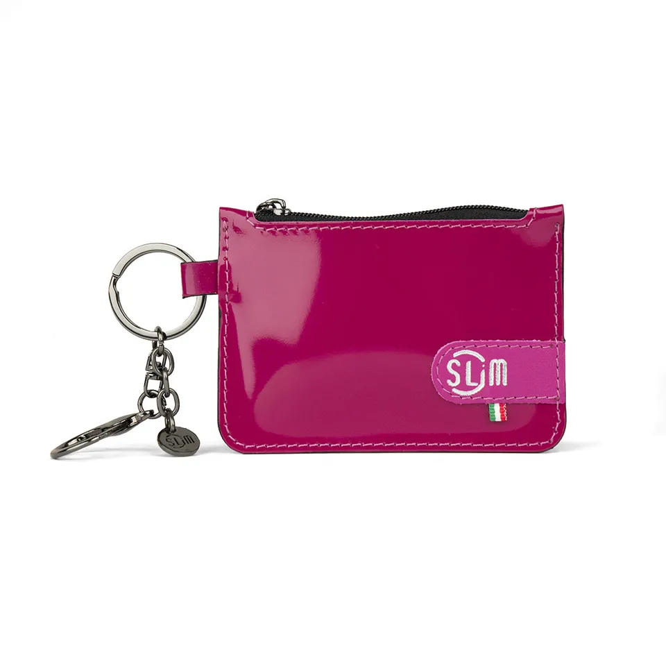 SLim Portachiavi portamonete pelle Saffiano Fucsia specchio