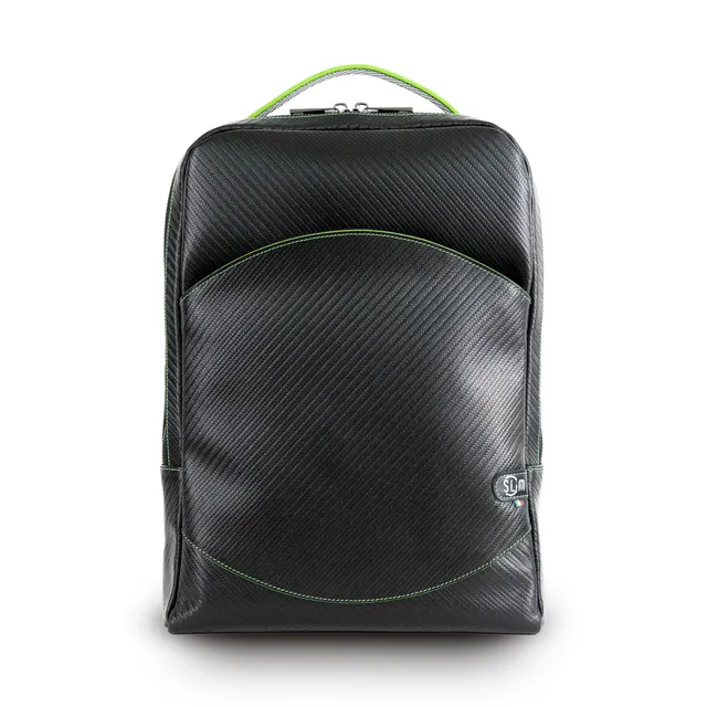 SLim Zaino Medio pelle Carbon Nero cuciture Verde Fluo 8,5 L
