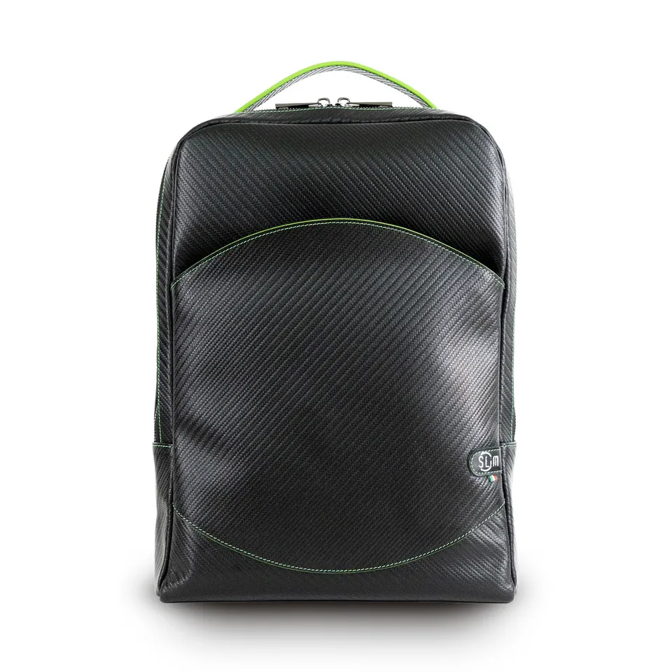 SLim Zaino Medio pelle Carbon Nero cuciture Verde Fluo 8,5 L
