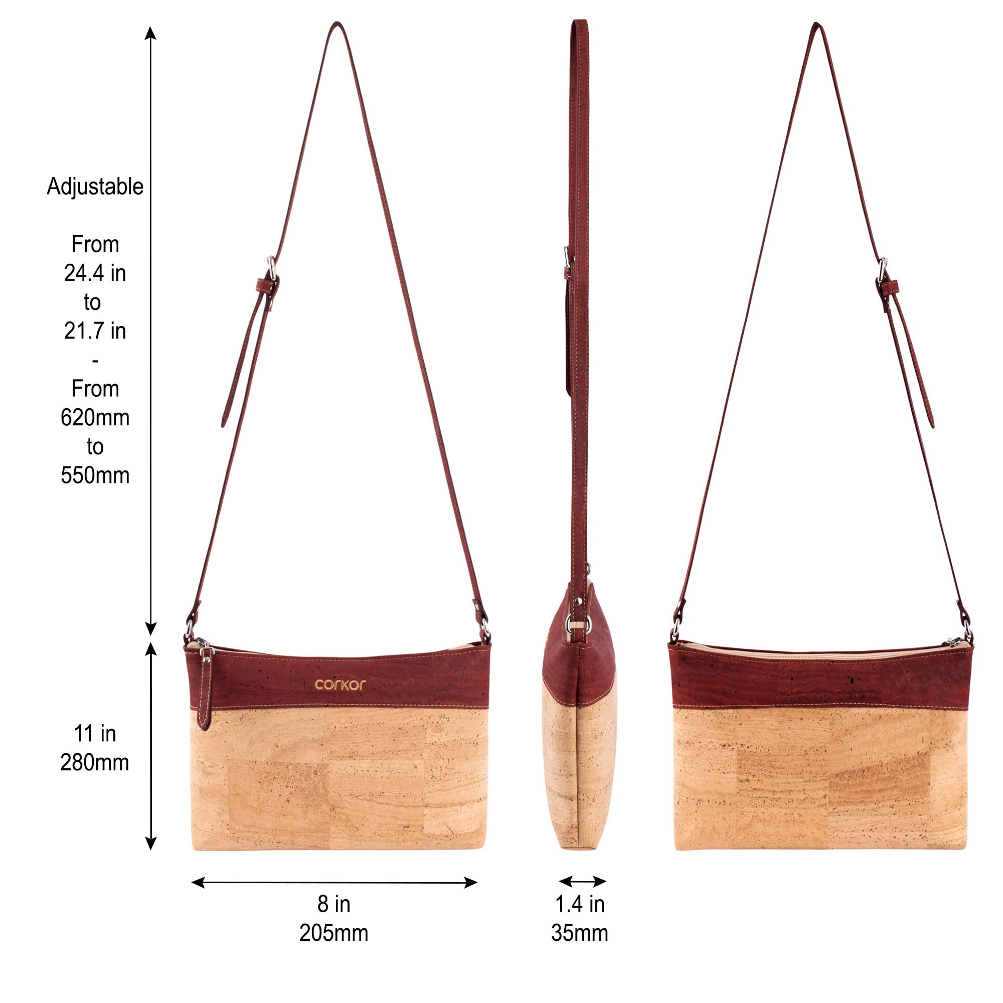 Corkor Bags zaino tracolla donna sughero marrone rosso