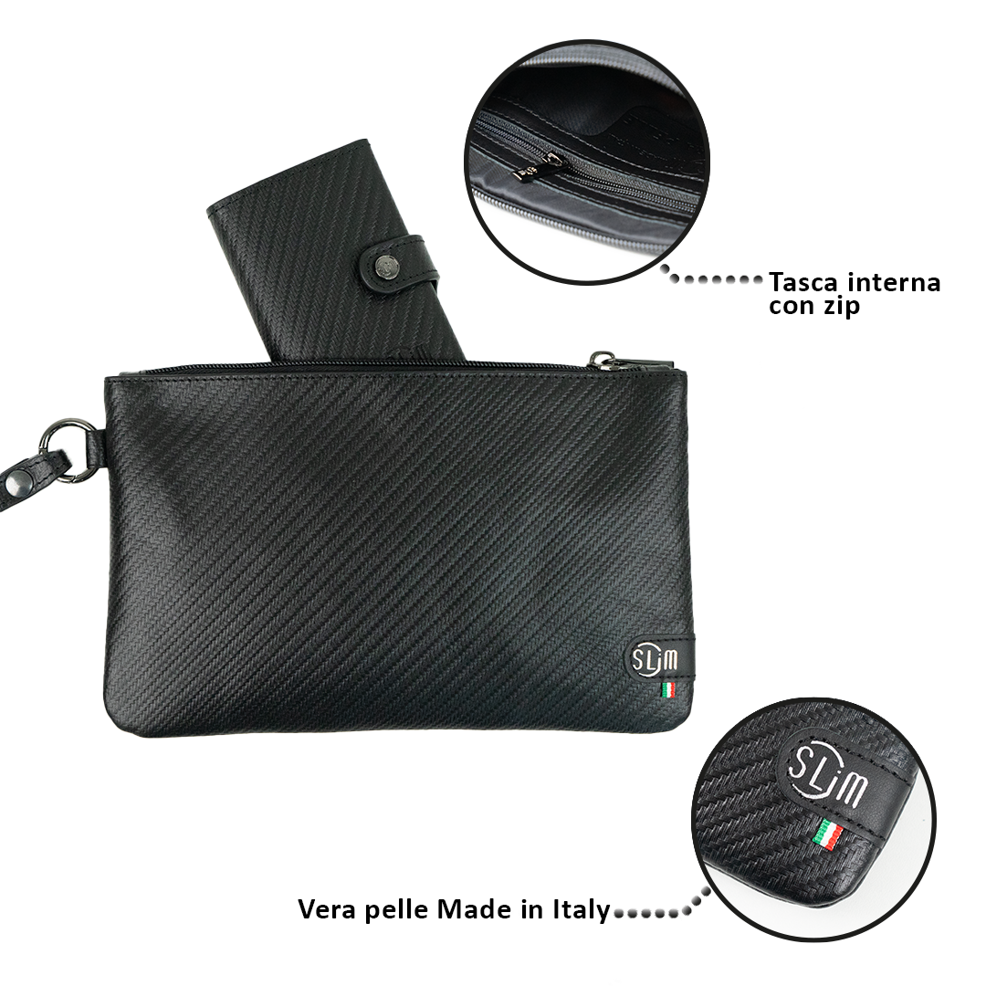Pochette Polsiera Pochette Pelle Nero Carbon 23x14 cm