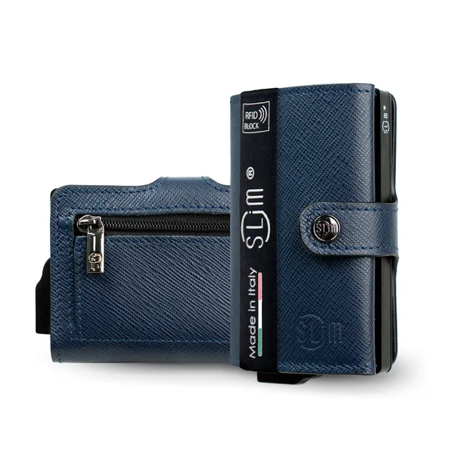 SLim Saffiano Portacarte Pelle Blu Zip Antigraffio