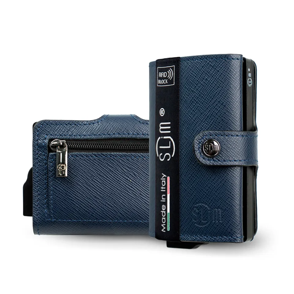 SLim Saffiano Portacarte Pelle Blu Zip Antigraffio