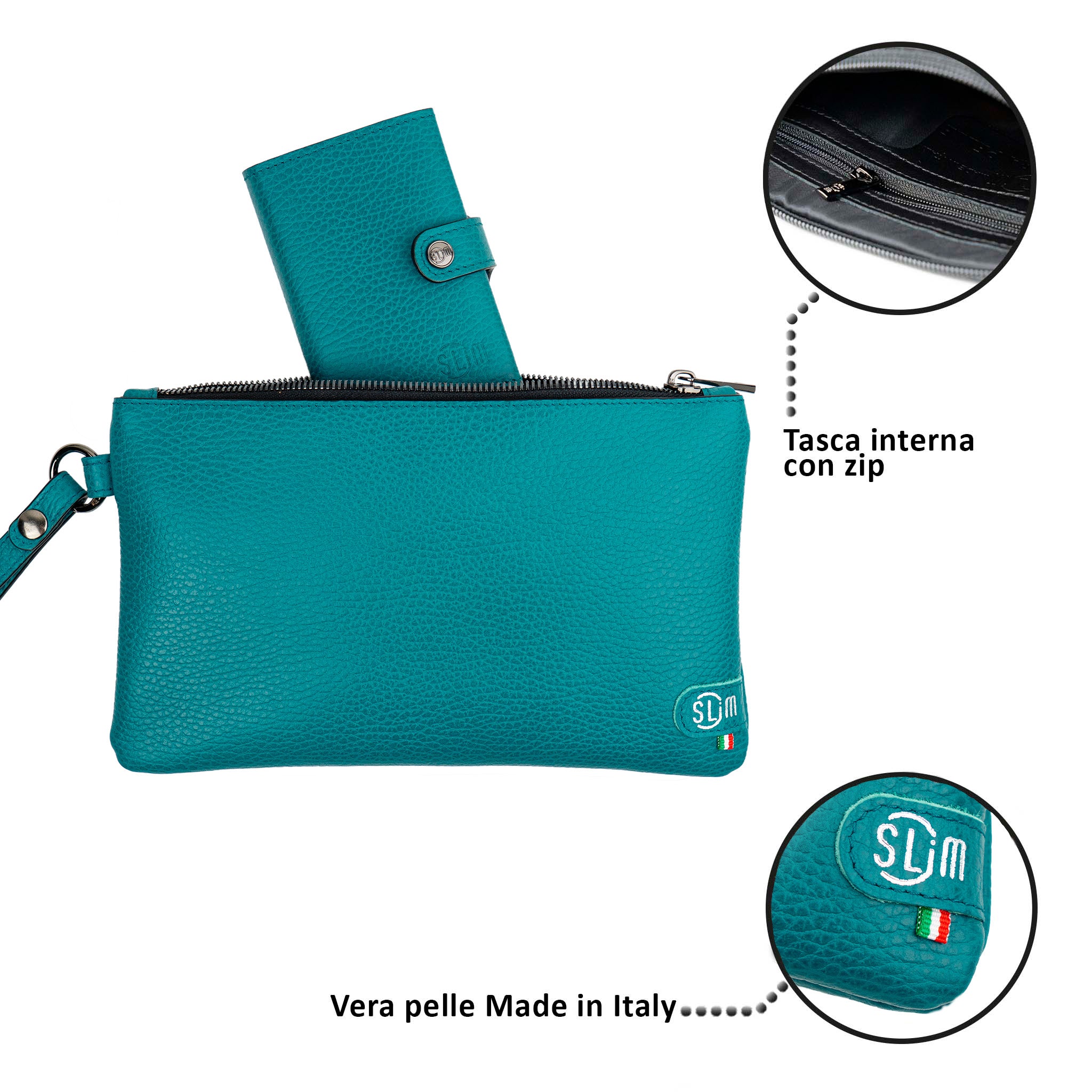 SLim Pochette Polsiera Bottalato Petrolio bustina pelle 23x14