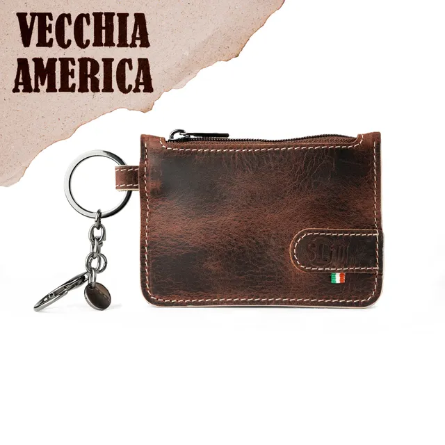 SLim Portachiavi Portamonete Vera Pelle Crazy Marrone