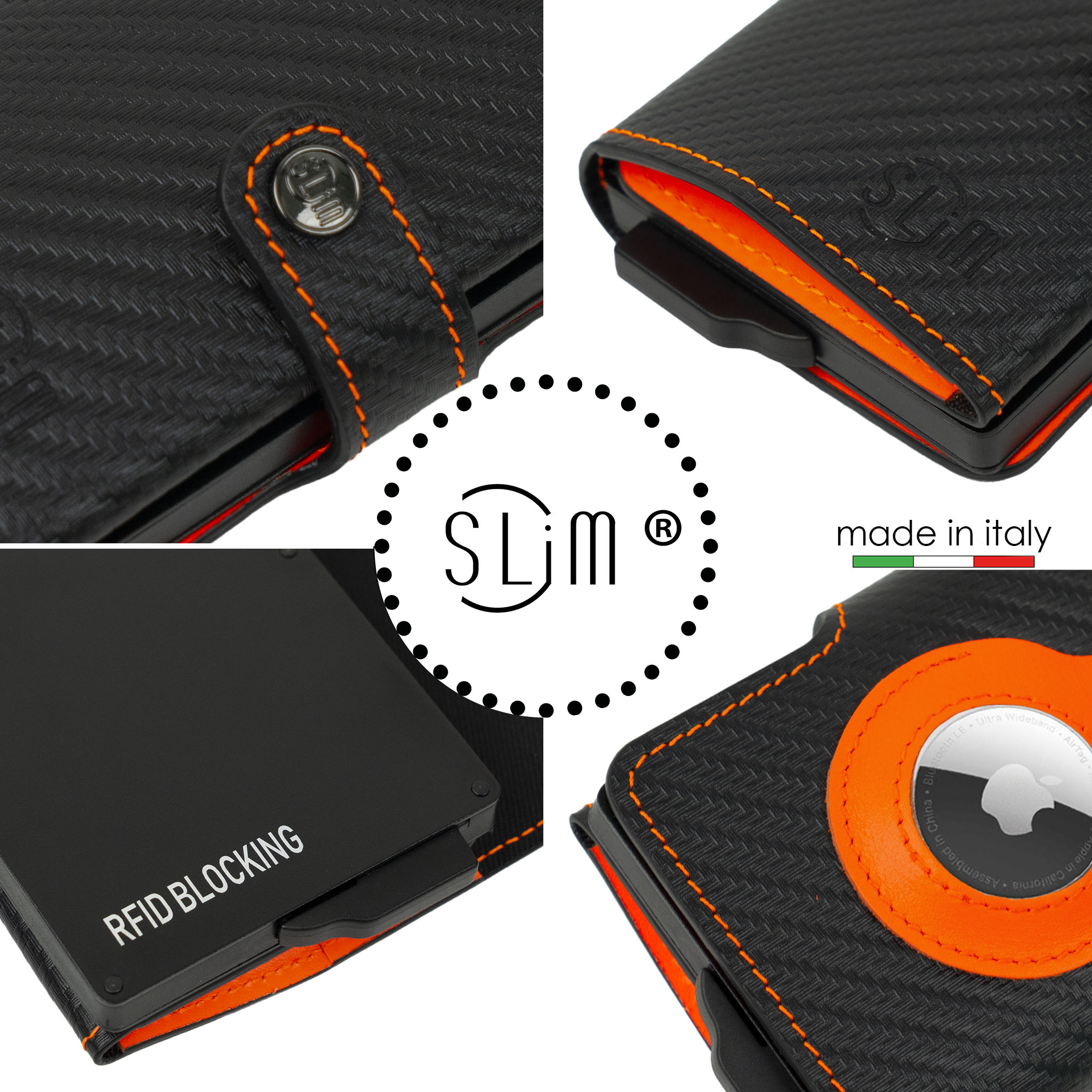 SLim Vera Pelle Carbon portafoglio nero arancio AirTag
