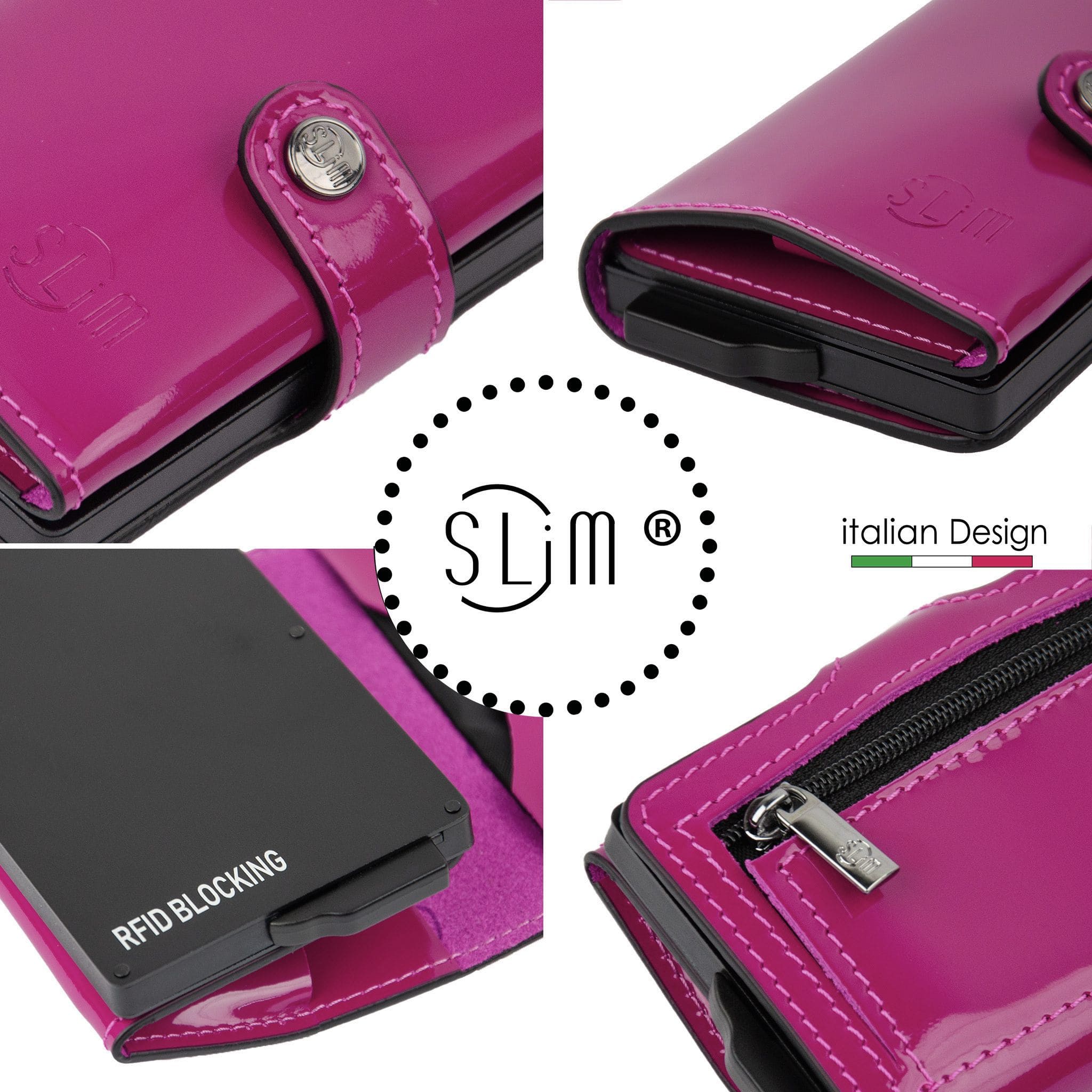 SLim Vera Pelle Specchio Portafoglio Compatto Fucsia Zip RFID
