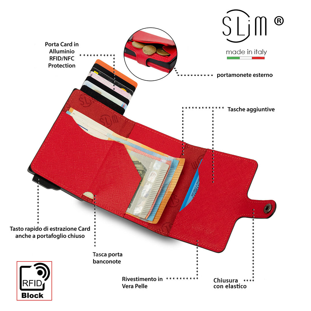 SLim Saffiano Rosso portacarte pelle anti graffio zip