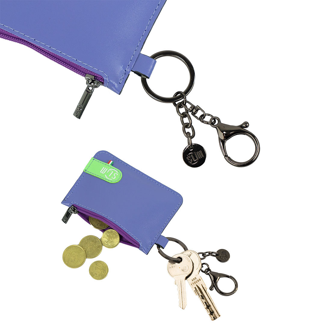 SLim Portachiavi Portamonete Pelle Viola Verde Lime