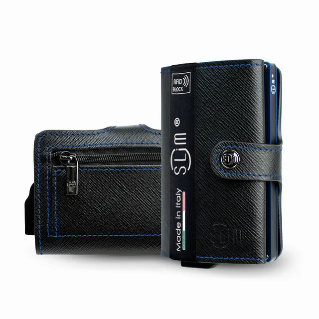 SLim Saffiano Nero portafoglio cassa blu vera pelle