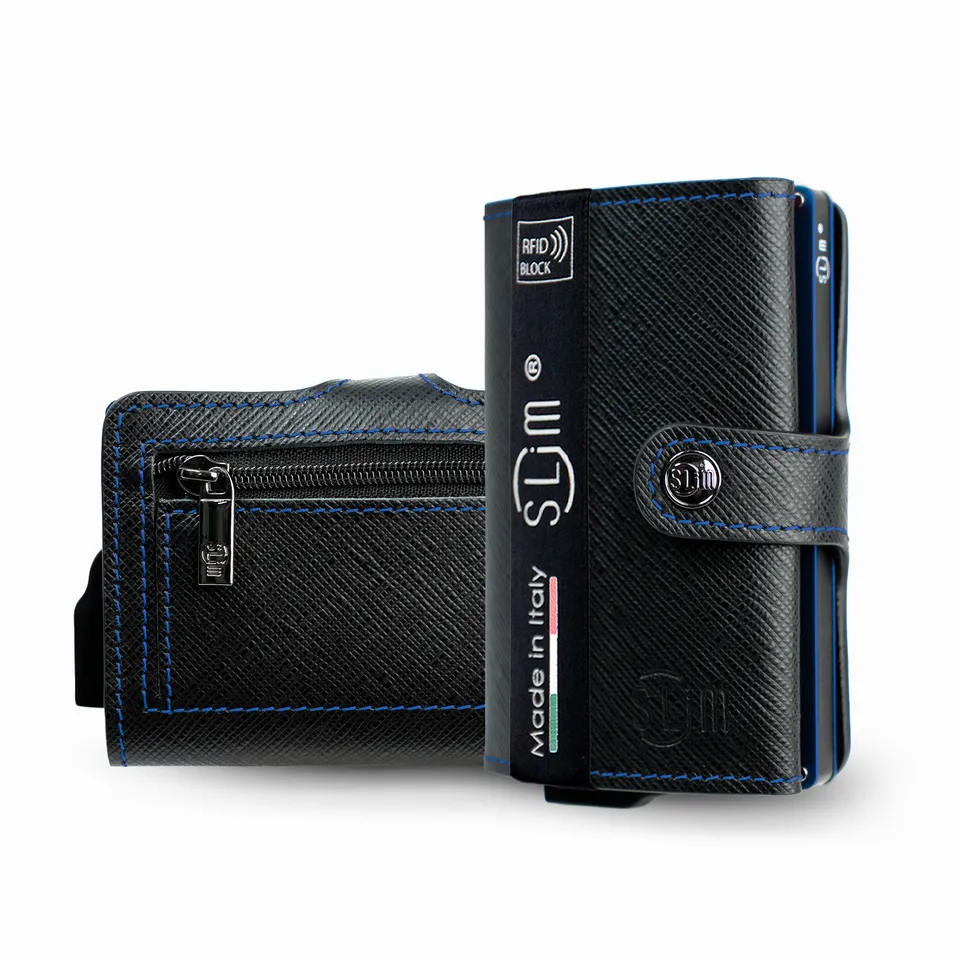 SLim Saffiano Nero portafoglio cassa blu vera pelle